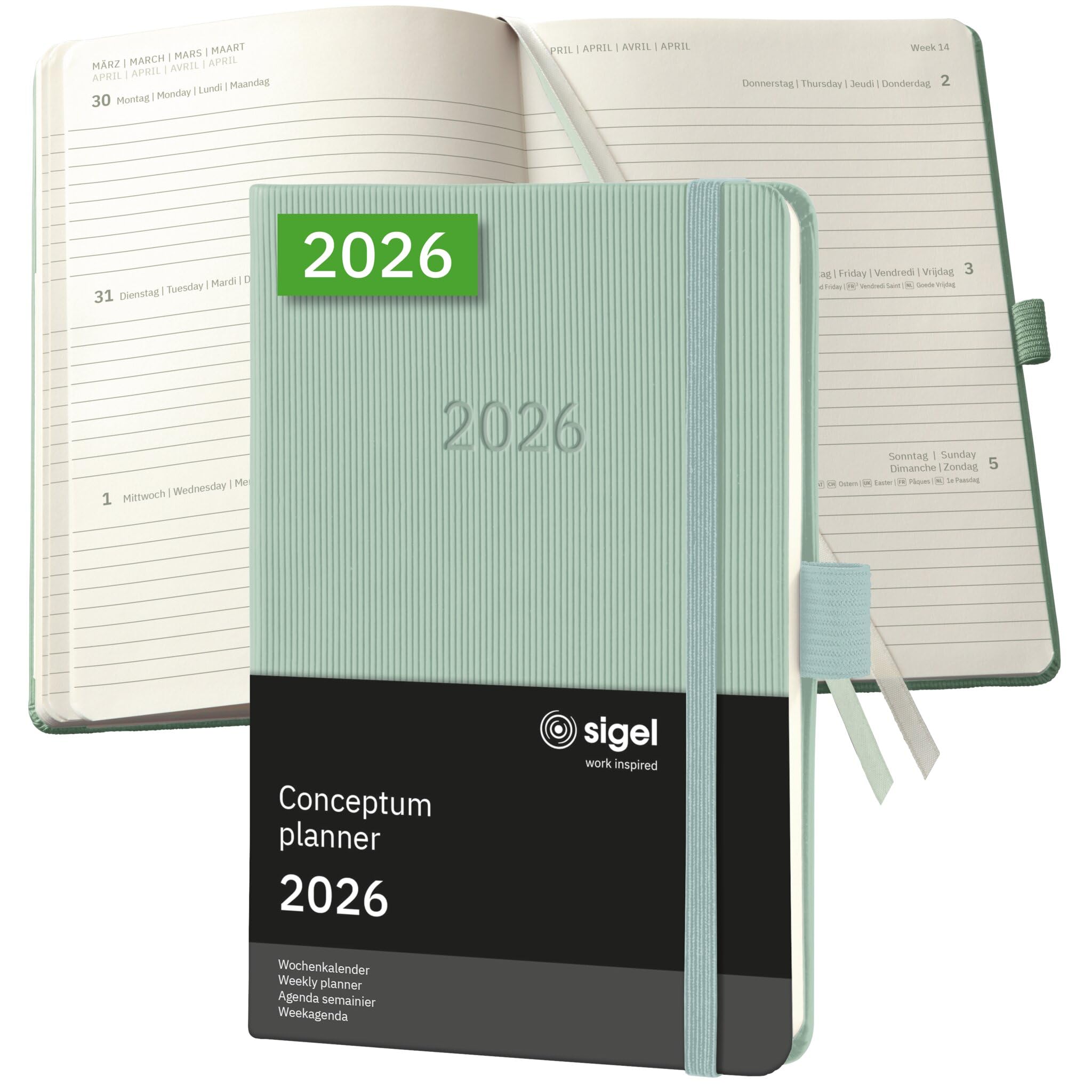 SIGEL C2673 Weekly planner Conceptum 2026-1 year - approx. A6 - mint green - 2 pages = 1 week - hardcover - 80 gsm - 176 p. - PEFC-certified