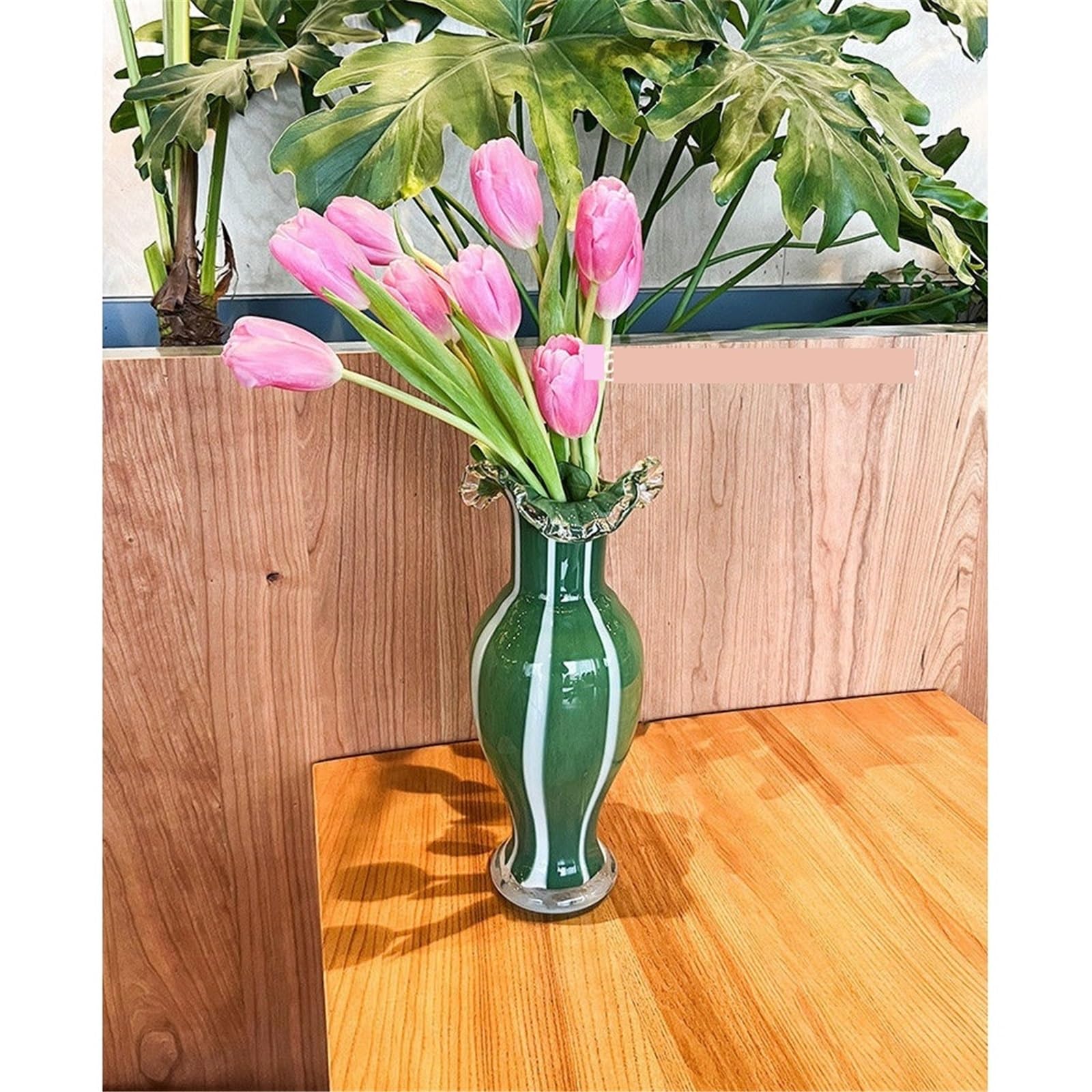 Vaso di fiori Vasi in vetro rigato verde con bordo arricciato