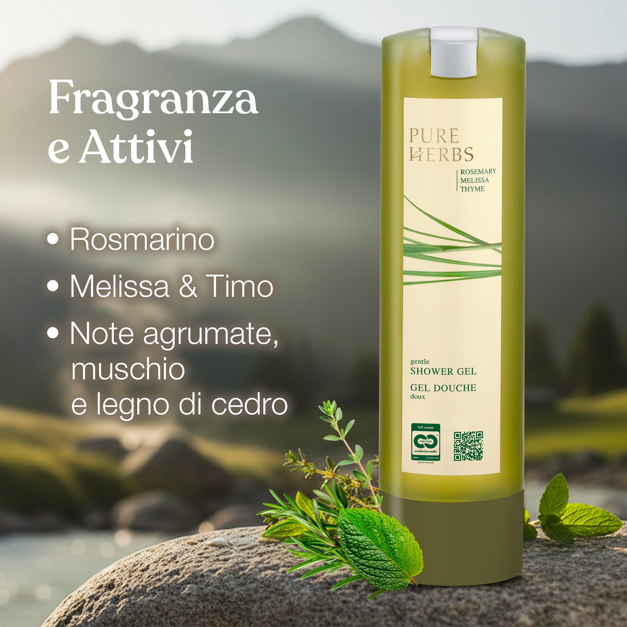 ADA Cosmetics Gel doccia vegano con melissa, timo e rosmarino, ricarica per supporto da parete Smart Care, idratante e idratante, profumo di erbe, Pure Herbs, Made in Germany, 6 x 300 ml
