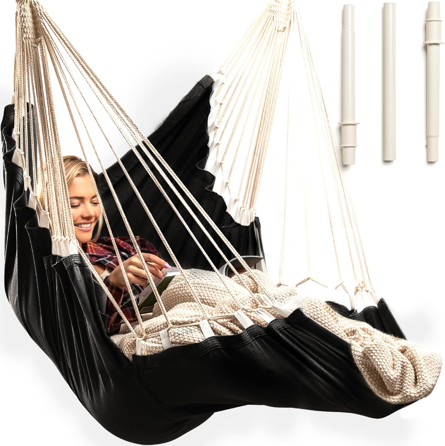 Indoor Hammock Chair Swing - Hanging Hammock Swing Chair - Indoor/Outdoor - Hanging Chairs for Bedroom, Patio, Porch, Swinging Chair Hammock for Adults - Built-In Footrest - Spacious Full Body Support Black