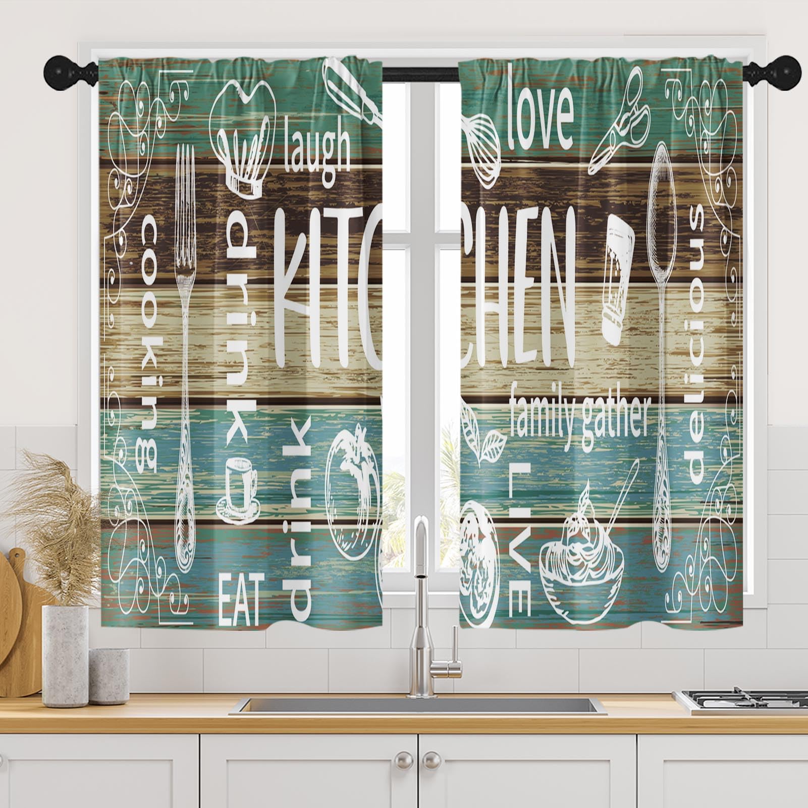 Arttown Farmhouse Kitchen Curtains 45 Inch Length Brown Teal Wooden Window Short Tier Curtains Over Sink Set of 2, White Doodle Rustic Vintage Small