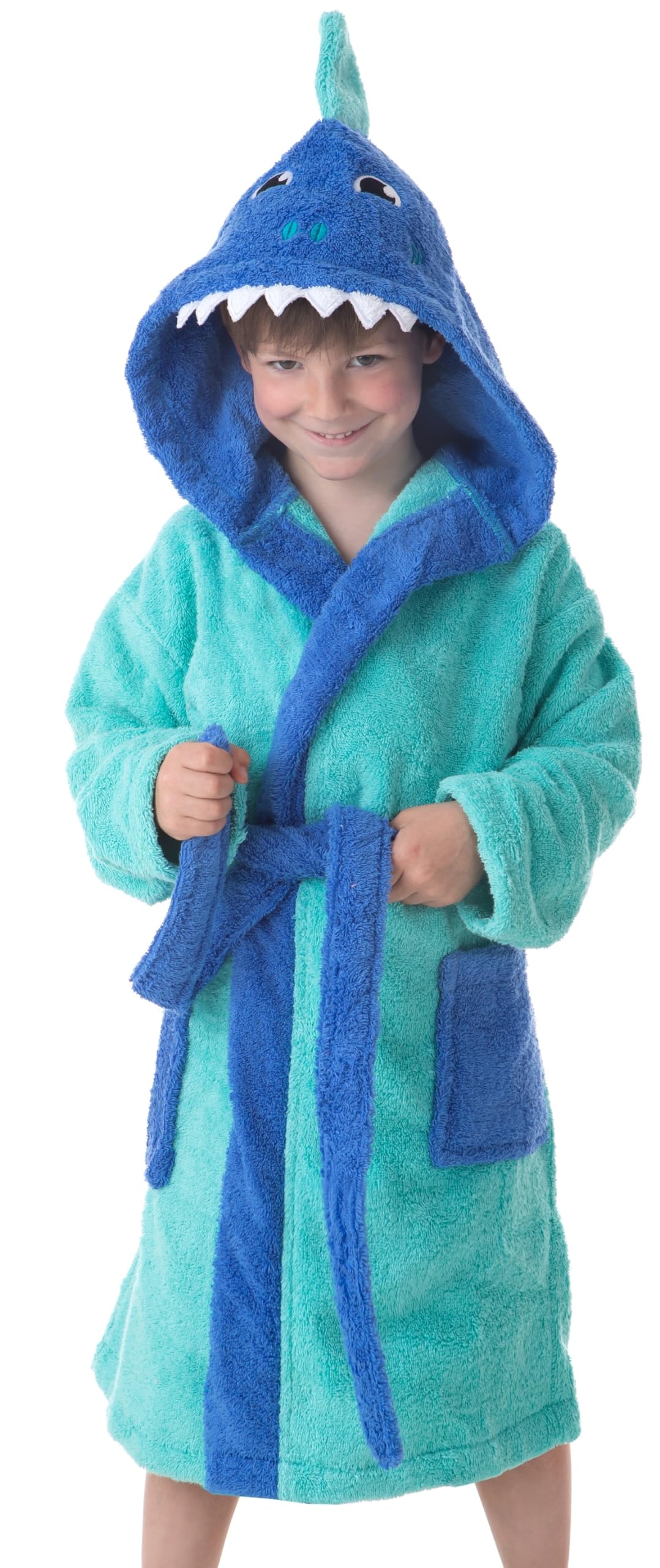 Albornoz Baño Niño Infantil 100% Algodón Bata con Bolsillos, Dibujos y Capucha Sharky (6 a 8 años)