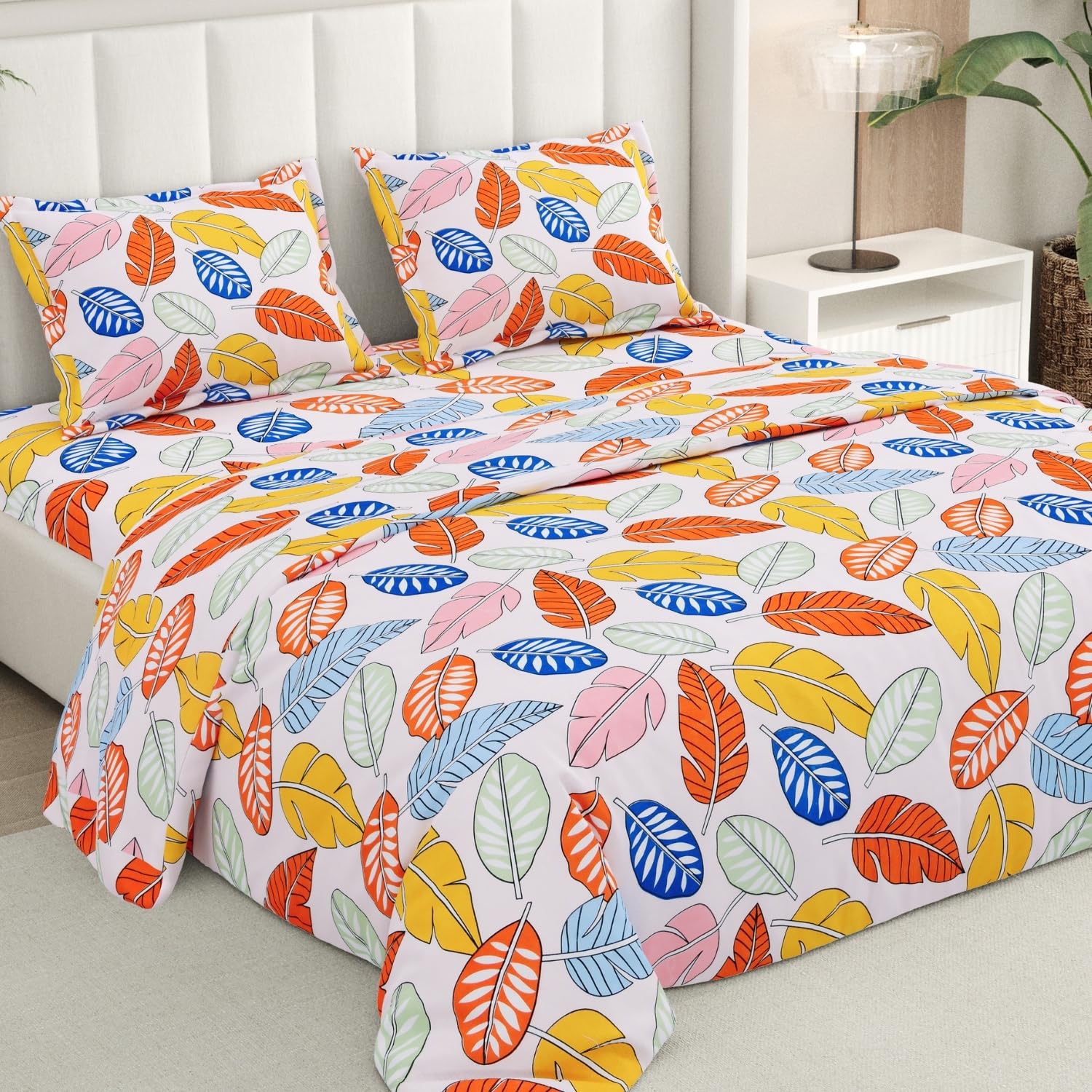 Rivermoor 200 TC Ultrasoft Bedsheet for Double Bed | Queen Size Bed Sheet with 2 Pillow Covers | Floral Leaves Print | 88 x 96 Inches | Breathable & Hypoallergenic