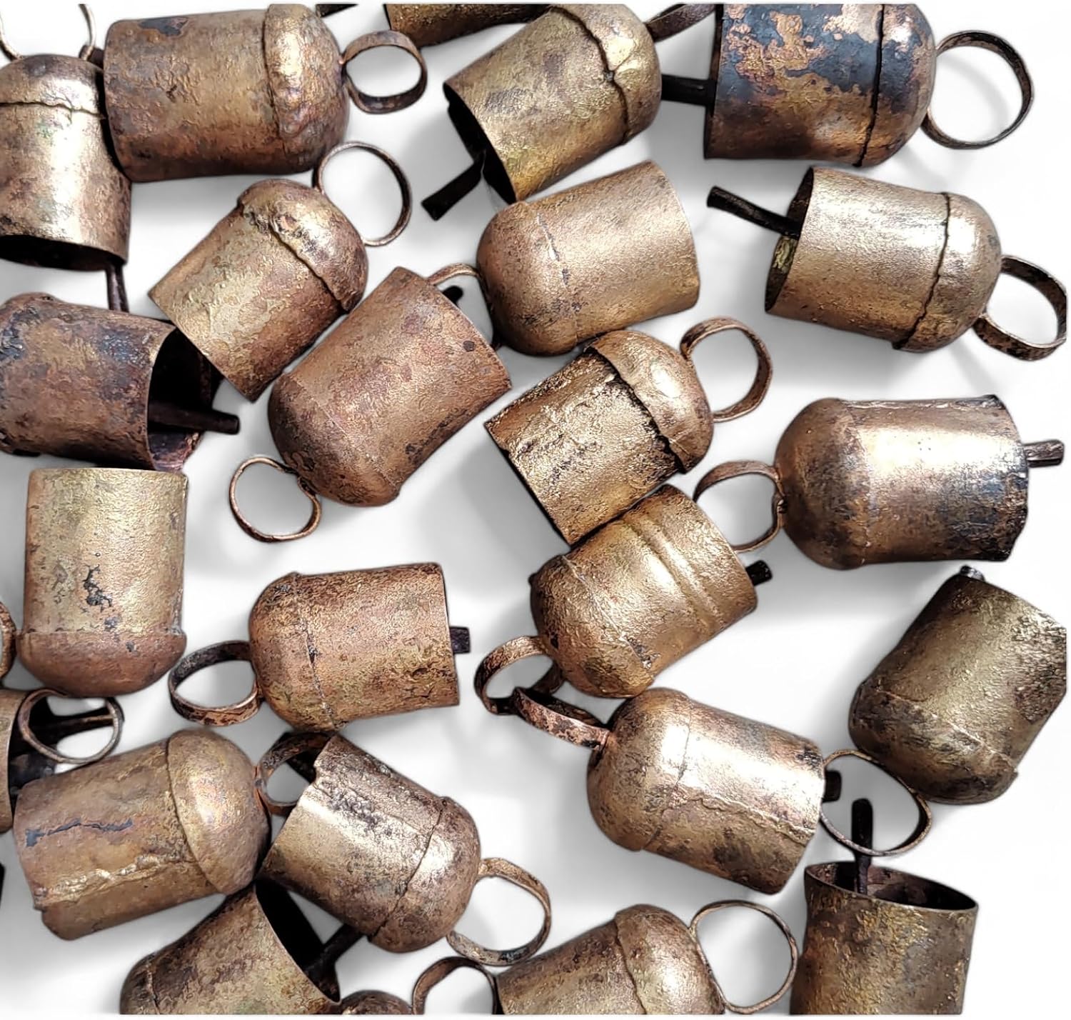 Vintage Rounded Top Rustic Iron Metal Tin Bells Set of 36 Pieces, 2-Inch Antique Gold Finish Craft Bells for X-Mas Tree Ornaments, Bohemian Decor, Barn Bells, and Unique Decorative Accents