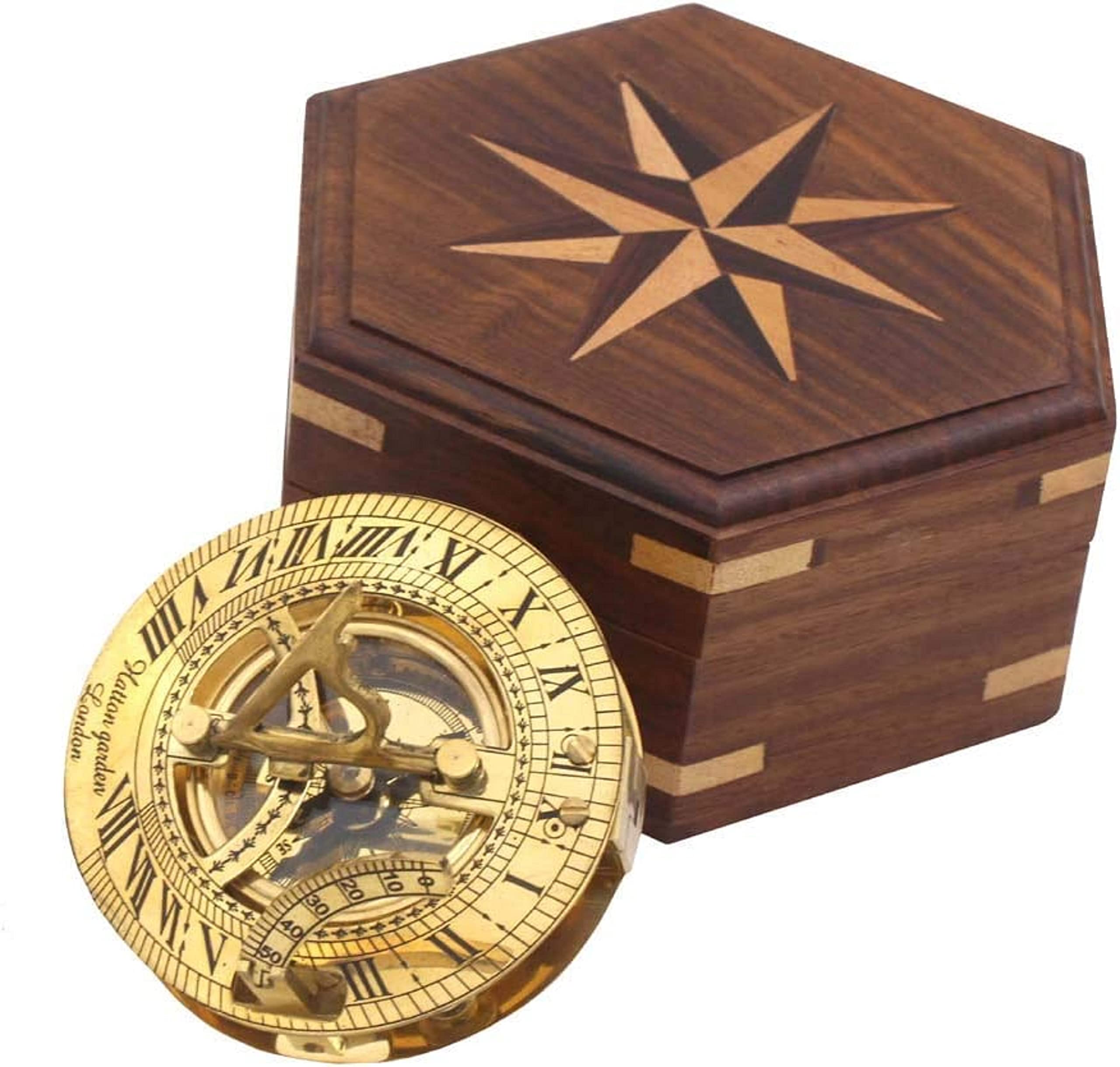 Antique Nautical Vintage Directional Magnetic Sundial Clock Pocket Compass Quote Engraved Baptism Gifts with Wooden Case for Loved Ones, Father, 3" "Hatton Garden London 1898" by DOLLOND LONDON1920