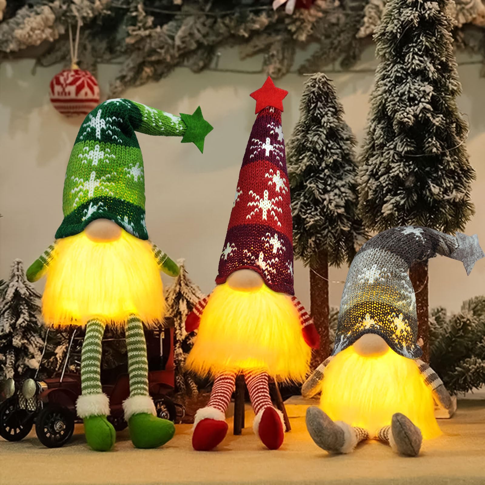 TEWWCEO Gnomos de Navidad con Luz Led, 3 Piezas Muñecos Gnomo Navidad Iluminado, Gnomos Navideños de Tela Peluche, Gnomo Navidad Decoración Hecha a Mano, Adornos de Navidad para Casa, Mesa