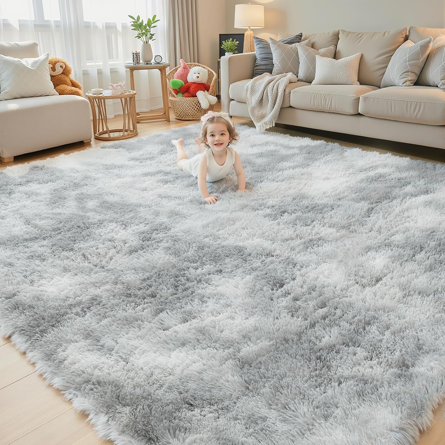 Semilar Rugs for Living Room 5x8, Alfombras para Salas Shag Large Plush Soft Area Rug, Shaggy Carpets for Bedroom, Kids Boys Girls Home Decor Aesthetic (Light Grey Tie-Dyed, 5x8 Feet) 5' x 8' (Rectangular) Light Grey Tie-dyed