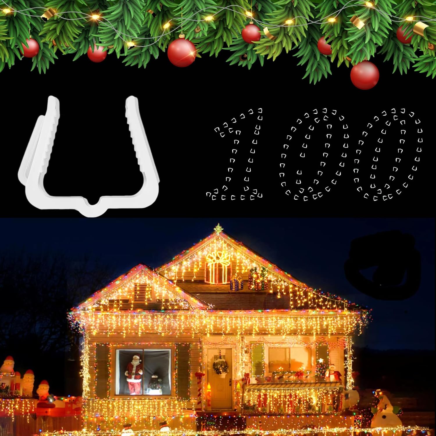 100Pcs Christmas Light Clips, 1 5/8 inch Fascia Boards Holiday String Lights Clips, Plastic Christmas Light Hanger Hooks for Outside Roof Gutter Fence Eave Decoration, White 100PCS-White