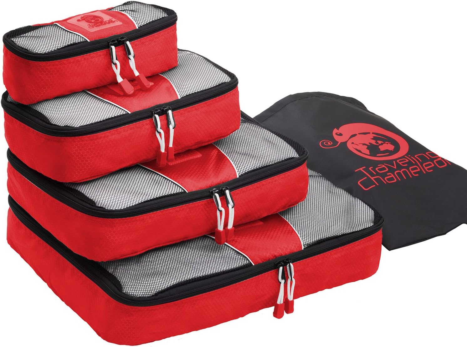 Chameleon PACKING CUBES for Travel -4 Piece Set Luggage Organizers with Shoe Bag (Scarlet Red)
