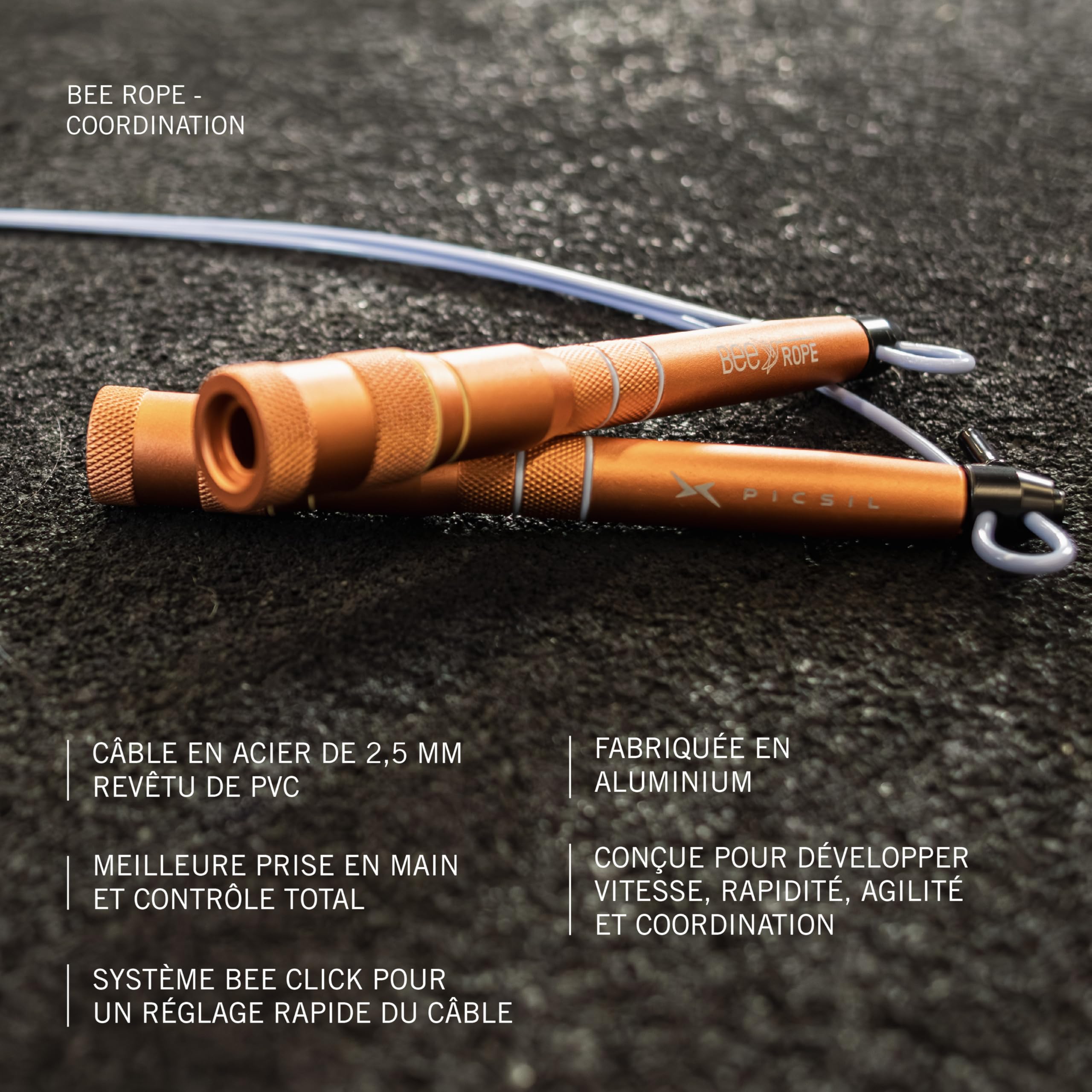 PICSIL BEE Corde Auto‑ajustable, Rapide, Double roulement | Aluminium 200 g, auto‑ajustable sans outils, double roulement, poignées ergonomiques 14 cm. Idéale DU, cross‑training.
