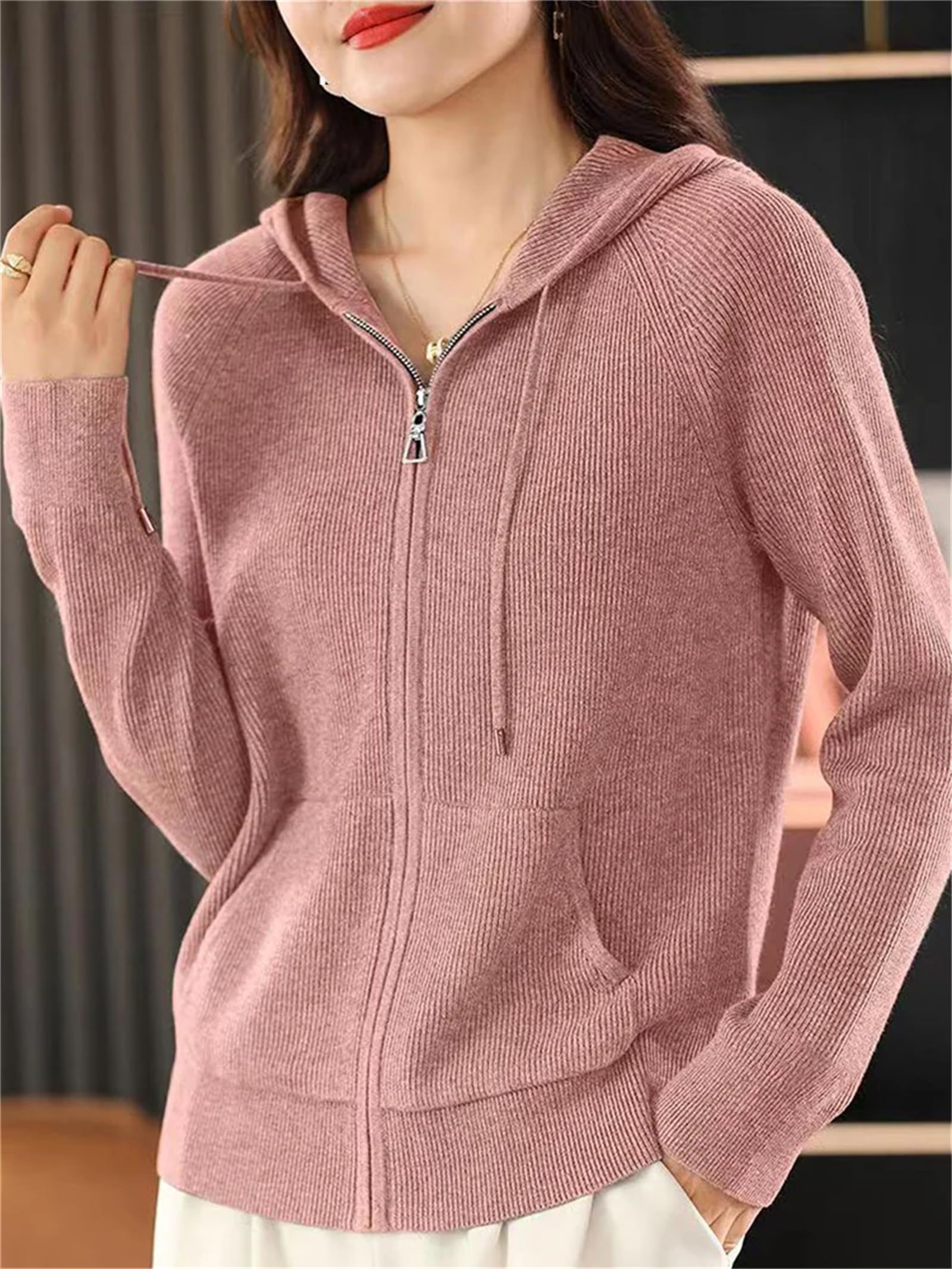 Maglione da donna in lana lavorato a maglia a maniche lunghe con cerniera e cappuccio in cashmere