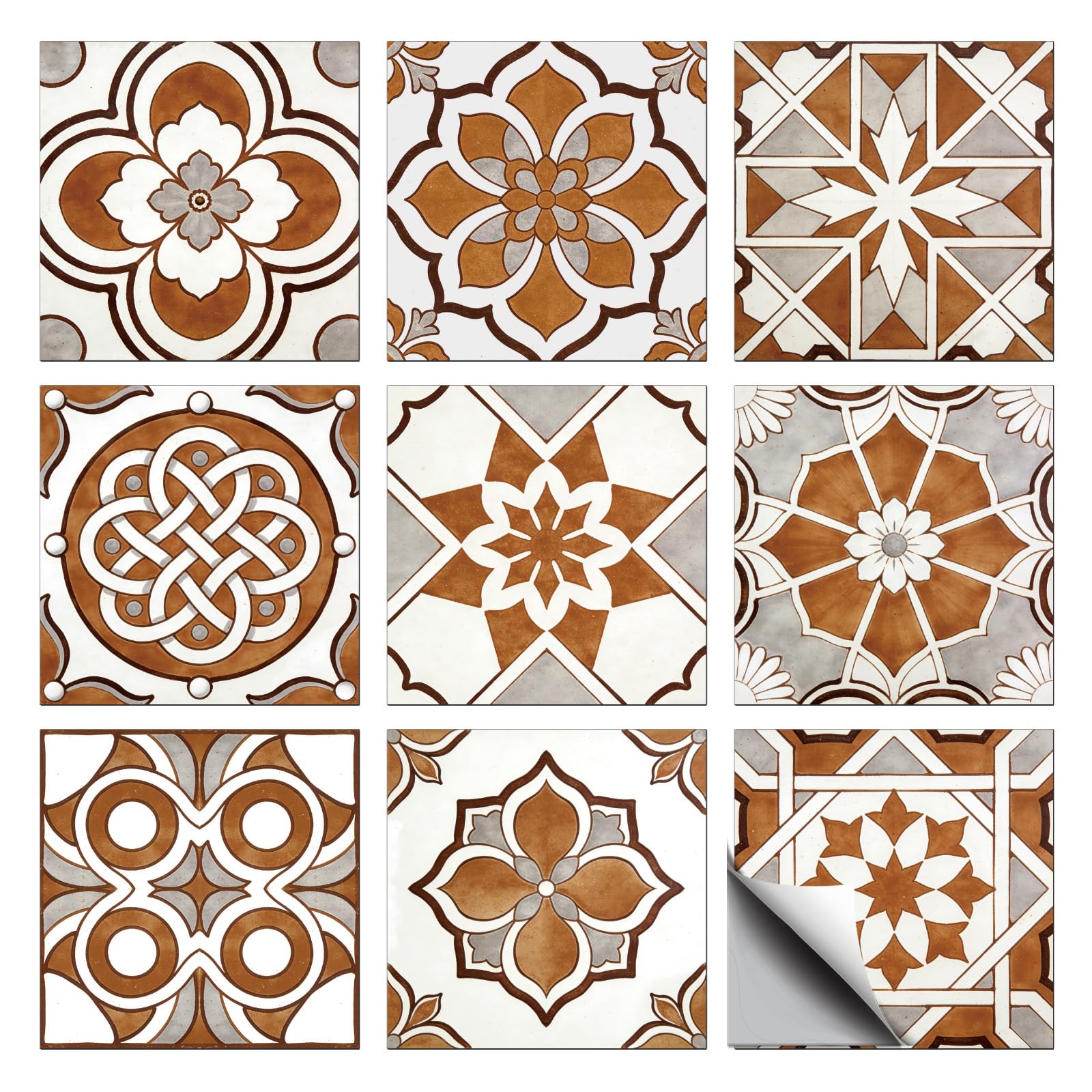 CONCHLERY 36 Pcs 9 Styles Retro Rainbow Grey Brown Pattern Peel and Stick Tile Stickers Waterproof Self Adhesive Decals, for Kitchen Bathroom Home Wall Art Decor 4x4 Inch โ image 1