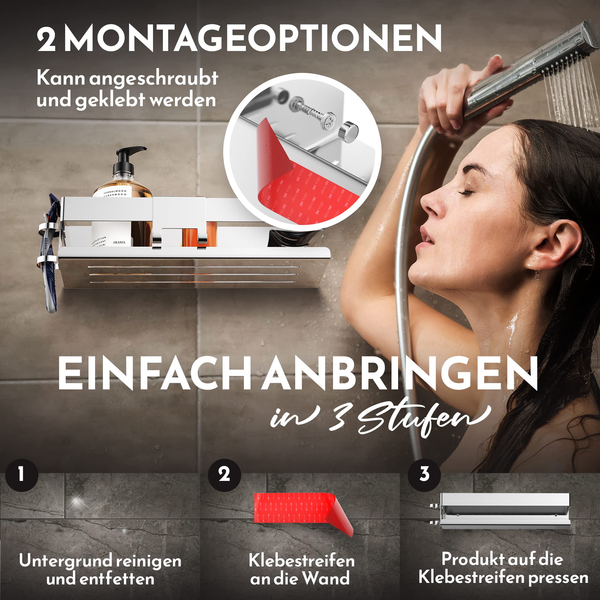 HENAL Duschablage Set 5 in 1, Hochglanz Edelstahl-Duschablage ohne Bohren, Duschregal inklusive Rasiererhalter, Duschabzieher-Halter, Seifenschale & Haken, XXL Bathroom Organizer