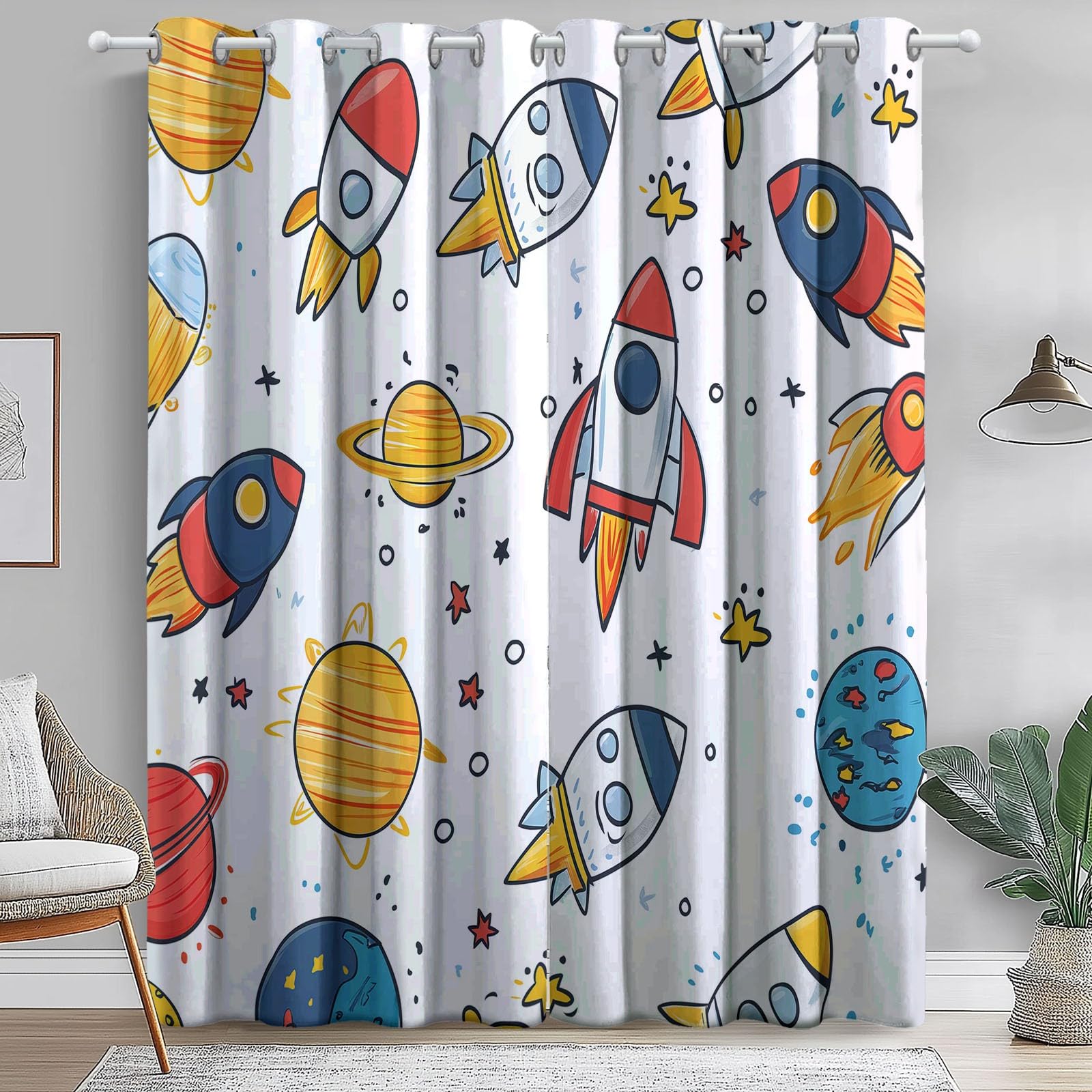 Cortinas Opacas Blanca Salon, Dibujos Animados Cohete Planeta patrón Cortina Termicas Aislantes, 140An x 225Al cm (2 Paneles) Decoración de Ventanas para Dormitorio Cocina