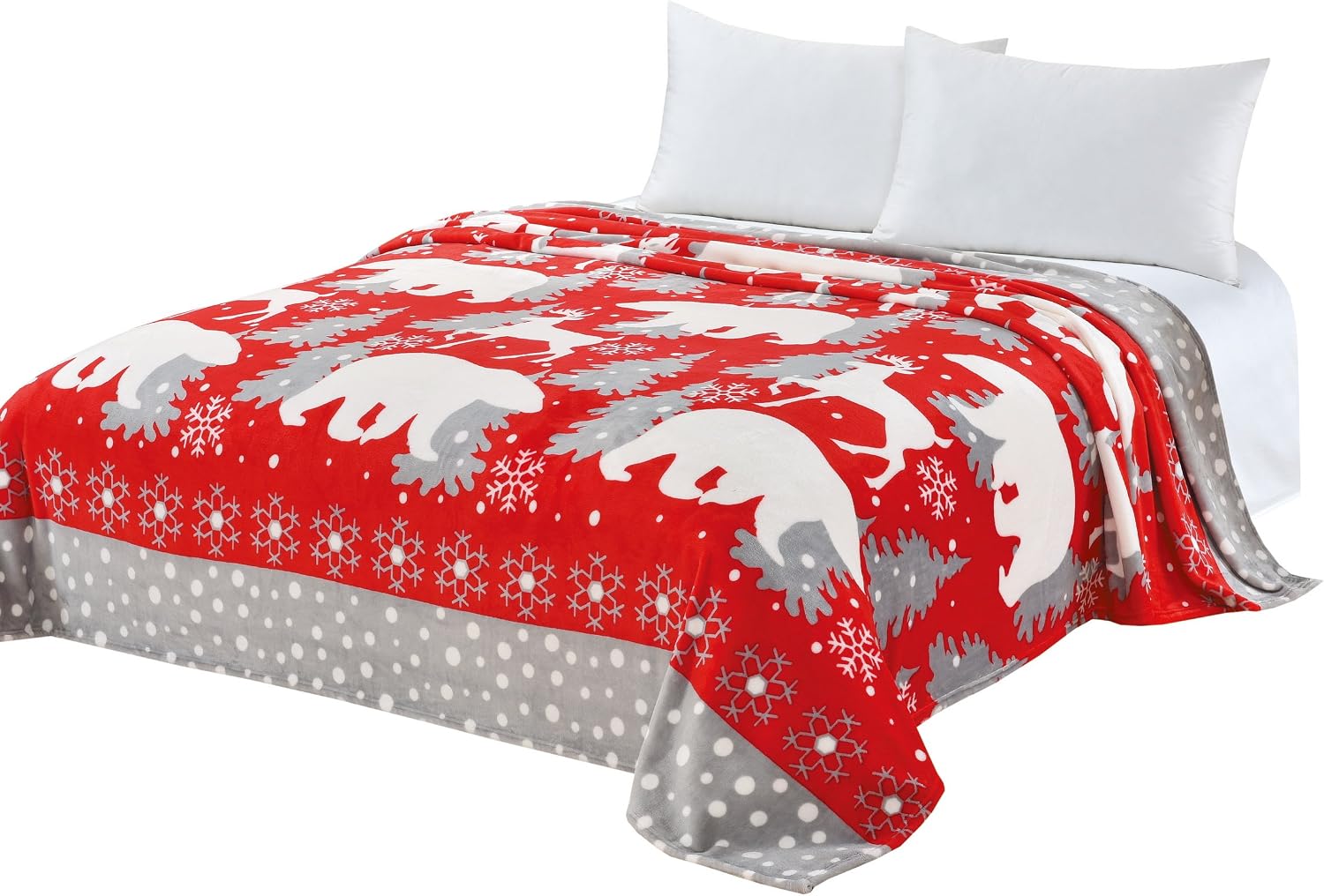 CaliTime Super Soft Throw Blanket for Bed Sofa Couch, Cozy Warm Flannel Fleece White Polar Bear Christmas Reindeer, Red Grey, King