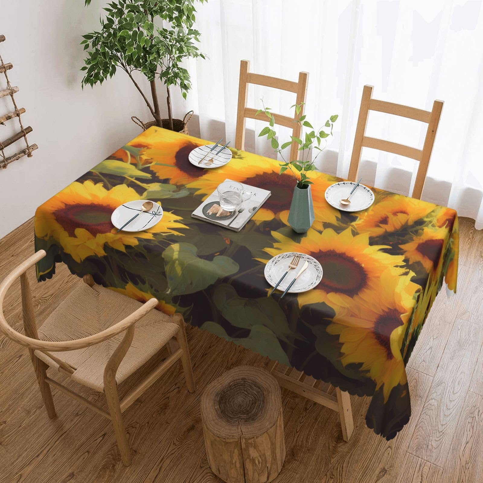 WPKJU Sunflowers Art Printed Rectangle Tablecloth 72x54 Inch with Lace Trim, Water-Resistant Washable Table Cover for Farmhouse Weddings, Outdoor Picnics & Holiday Dining