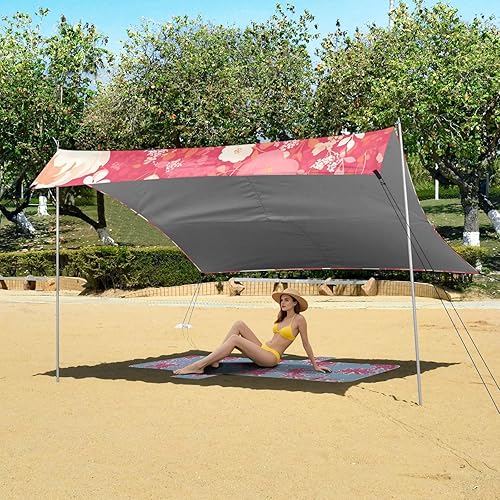 Miniatura 6 de Pink White Carnation Flowers Beach Canopy UPF50+ Protection Waterproof Large Sun Shade Includes Sand Shovel, Sandbags, Stability Poles for Camping,