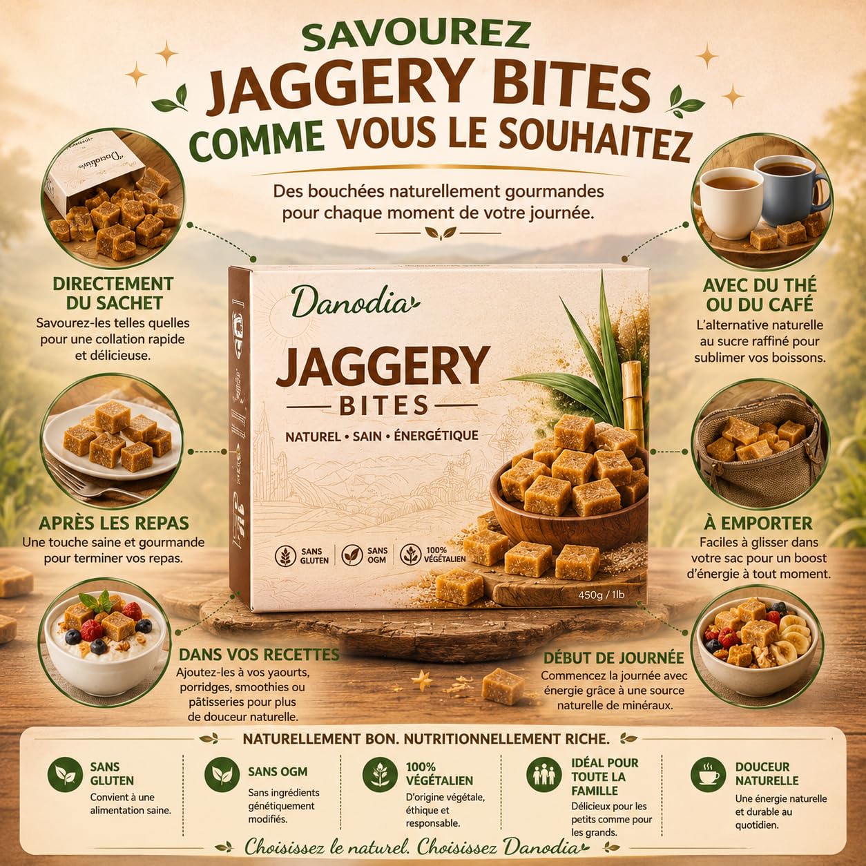 Danodia Foods Bouchées de Jaggery 450 g / 0,99 lb | Sucrant traditionnel indien non raffiné en petits carrés | Alternative au sucre blanc | Pour thé, lait, desserts et pâtisserie