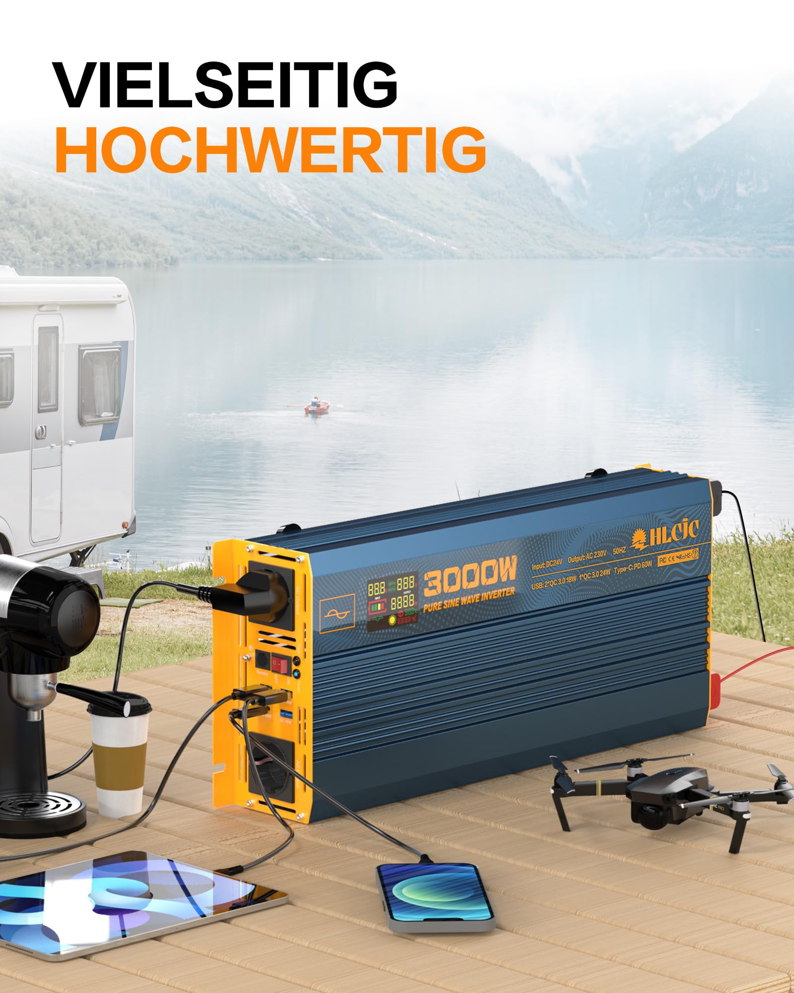 Trasformatore di tensione 3000 W24 V, inverter sinusoidale puro da 24 V a 230 V, con presa 2 EU, 1 USB C, 3 ricarica rapida, display LCD per camper camion e auto