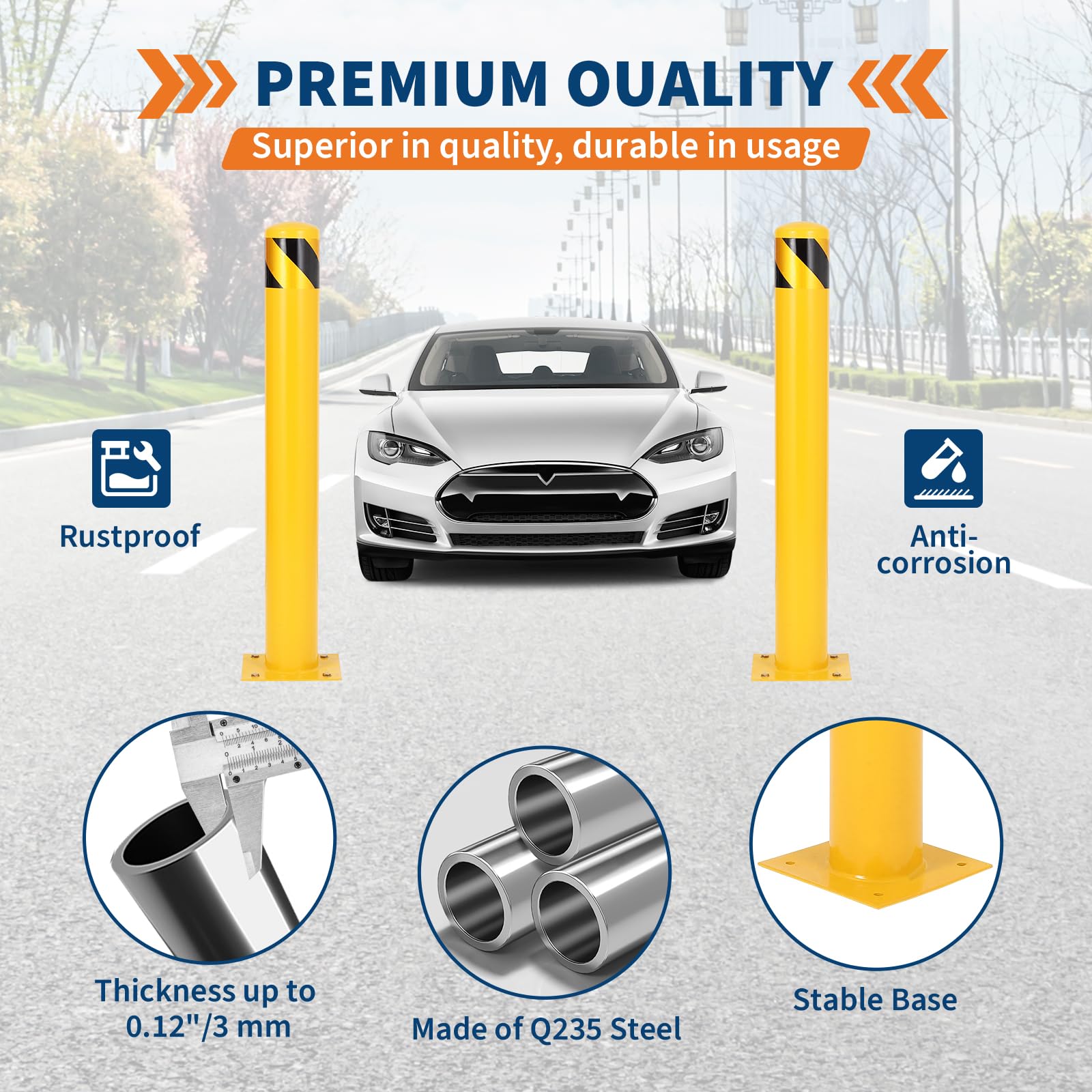 Juego de 2 Bolardos de Seguridad de Acero Q235 91 cm x 11,4 cm, Poste Anticolisión para Protección de Aceras, Carreteras y Parking, Incluye Pernos de Expansión y Herramienta