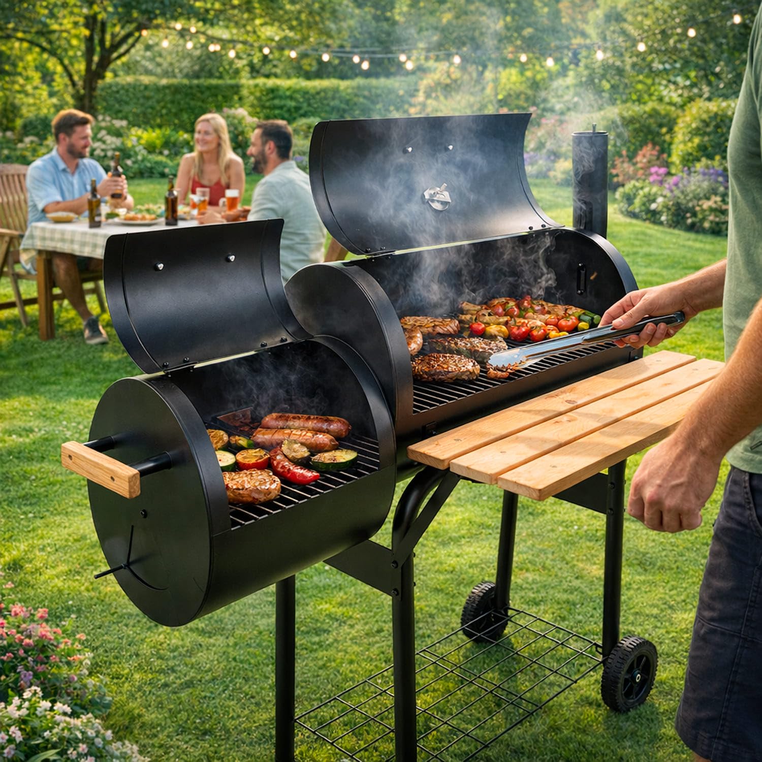 Barbecue A Carbone Con Affumicatore Laterale BBQ Con Termometro Integrato Griglie Cromate Ripiano E Maniglie Griglia In Legno Ruote Per Giardino E Terrazzo 109.5 X 59 X 116 Cm Nero