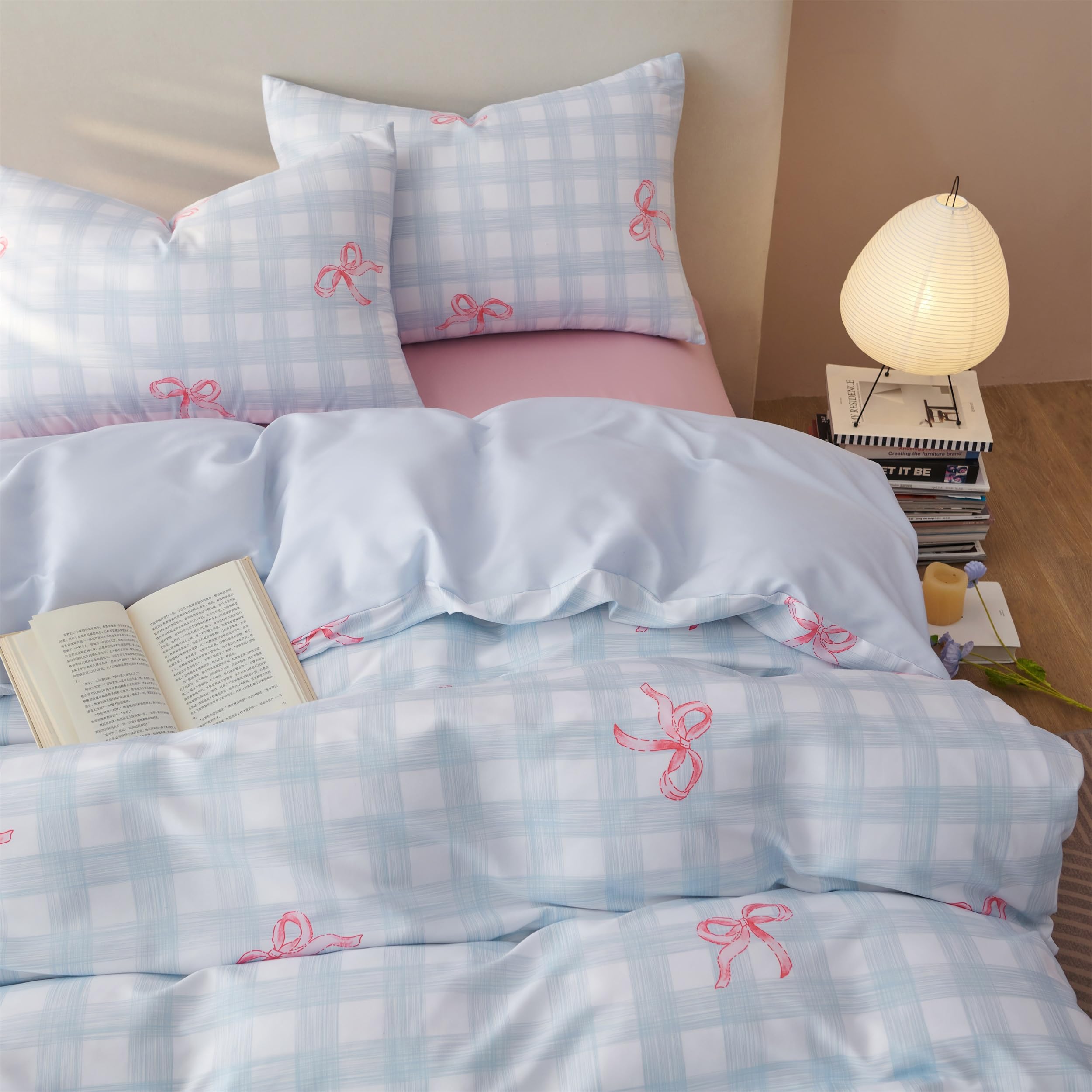 Freyamy Pink Bow Single Duvet Cover Set - 2pcs Aesthetic Sky Blue Bedding Set for Girls, Lovely Reversible Duvet Cover Single Size 135x200 cm with Zipper Closure and 1 Pillowcase 50x75 cm — image 1