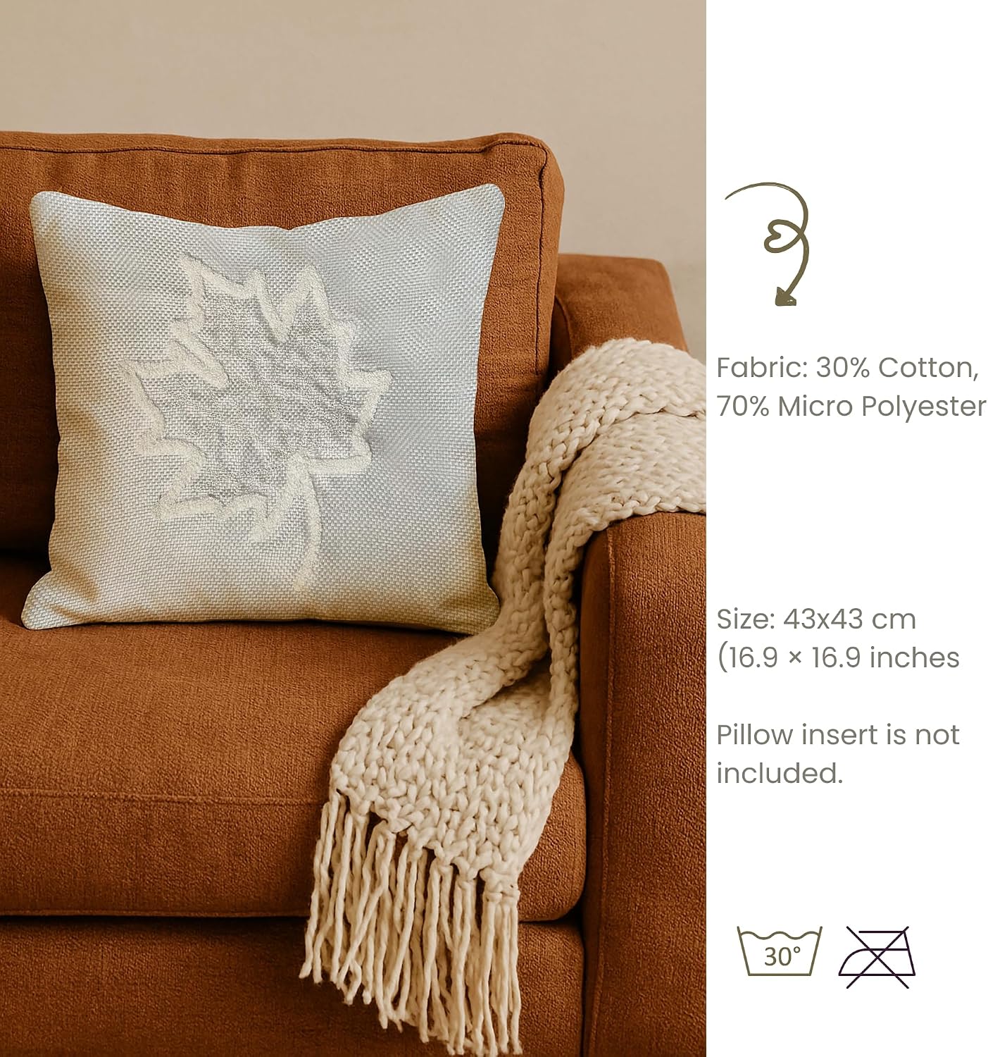 Boho Punch Decorative Pillow Cover | Textured Throw Cushion Case for Couch, Sofa & Bed | Handmade Style Home Decor for Living Room, Fall & Christmas (White Leaf, 16.9 × 16.9 inches)