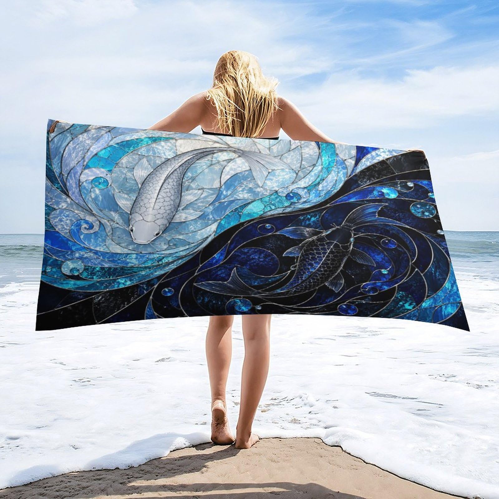 Anceky Stained Glass Yin Yang Koi Fish Beach Towel 30"×60",Soft Microfiber Bath Towel Shawl, Quick Dry Absorbent Pool Spa Gym Shower Towel