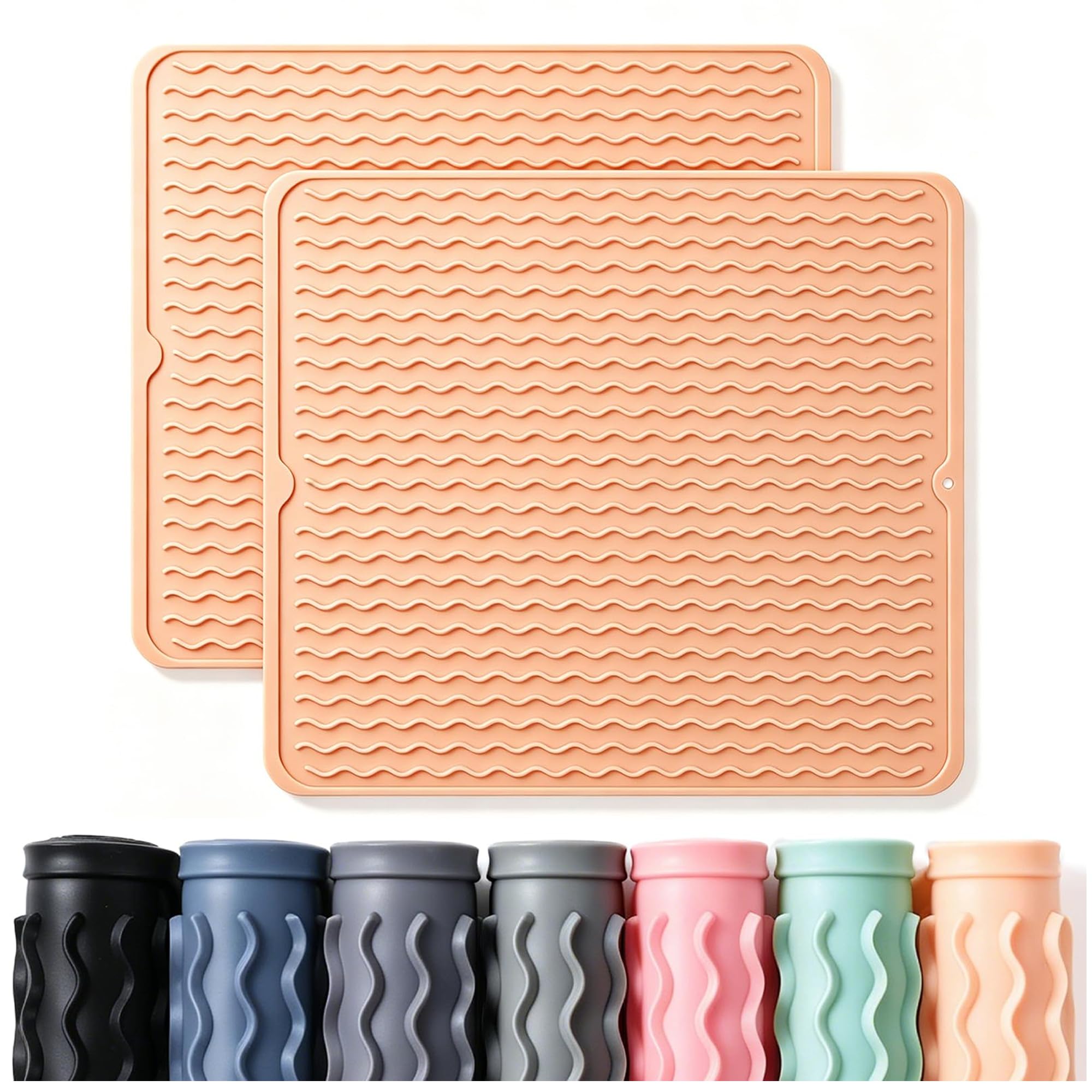 CAKETIME 2 Pack Silicone Dish Drying Mat for Kitchen Counter Place mats Cooking Accessories Drainers Rack Under Sink Protector Home Household Items Extra Large 18"x16" Beige