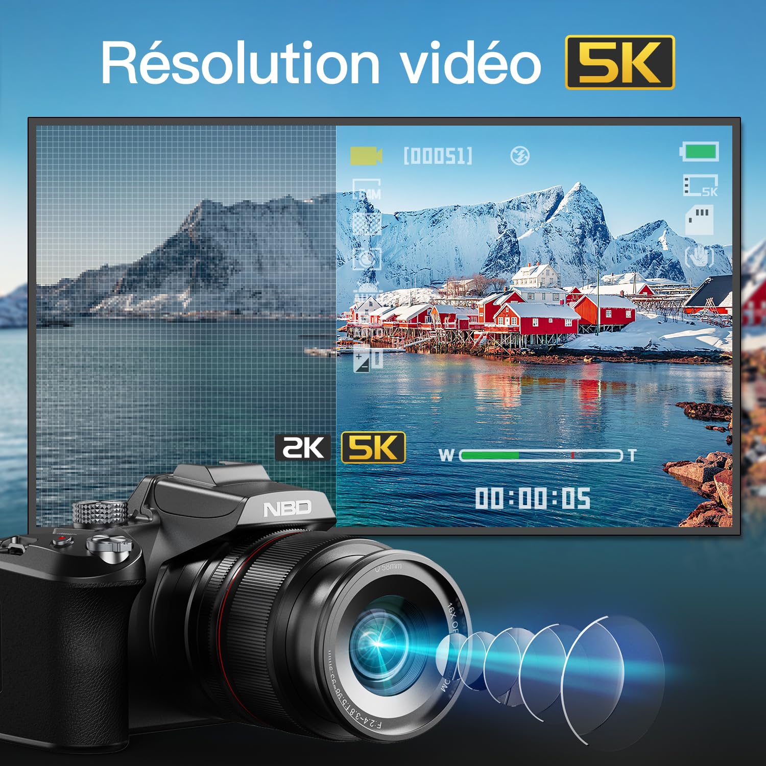 Appareil Photo Numérique 5K 64MP NBD - Zoom Optique 16x, écran IPS Pivotant 180°, WiFi, Idéal Pour Vlog Et Photo Créative - 12