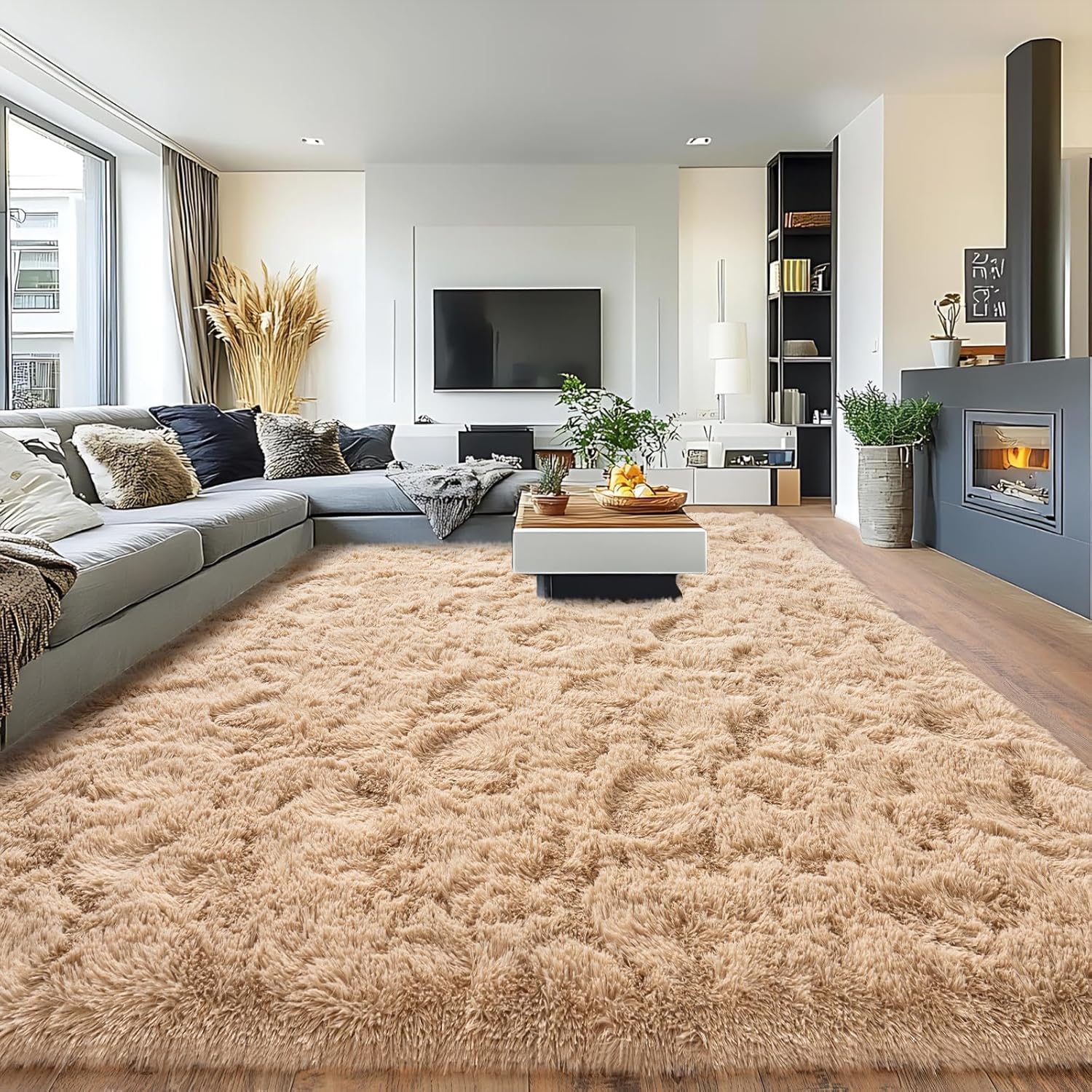 Alfombra mullida de pelo largo beis, 200 x 300 cm, antideslizante, para salón, dormitorio, habitación infantil, moderna alfombra de salón, alfombra de cama, alfombra de pelo largo