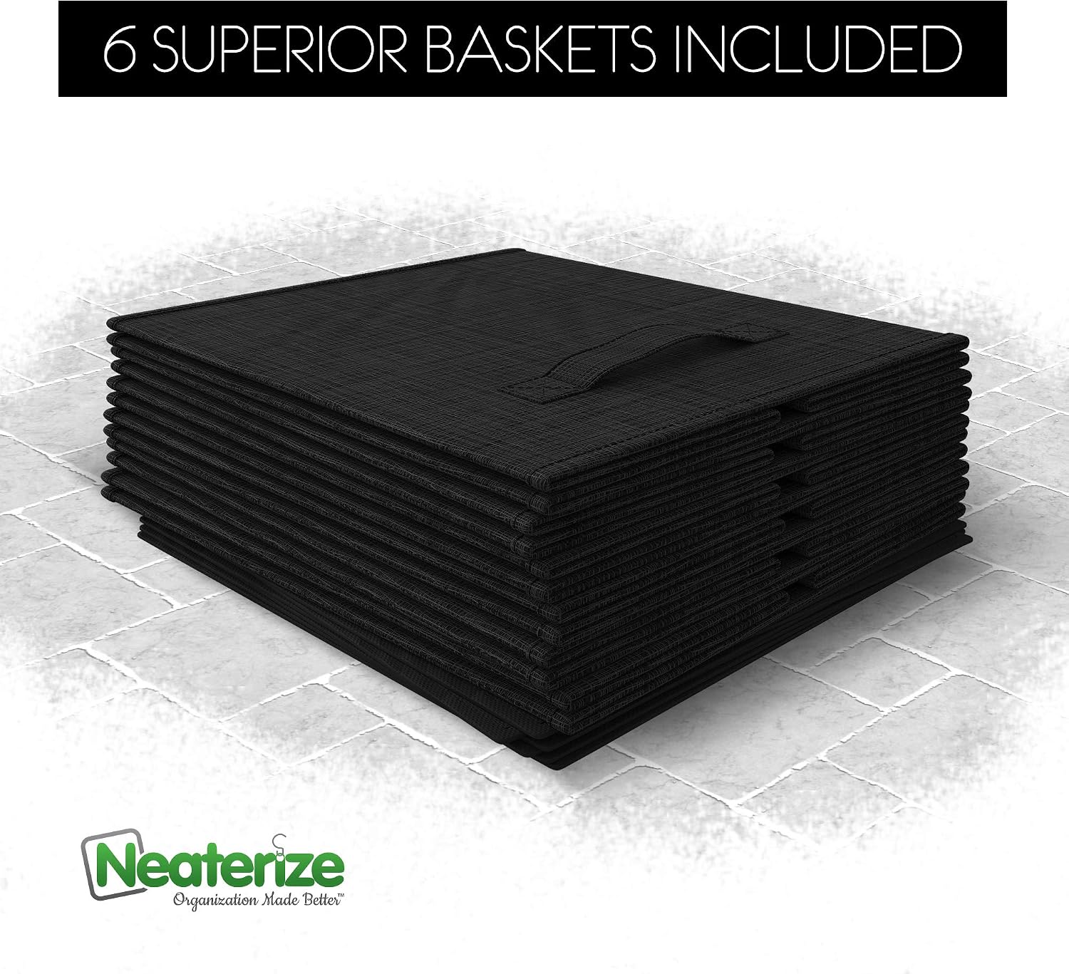NEATERIZE Storage Cubes - Set of 6 Storage Bins | Features Dual Fabric Handles | Cube Storage Bins | Foldable Closet Organizers and Storage | Fabric Storage Box for Home, Office (Black)