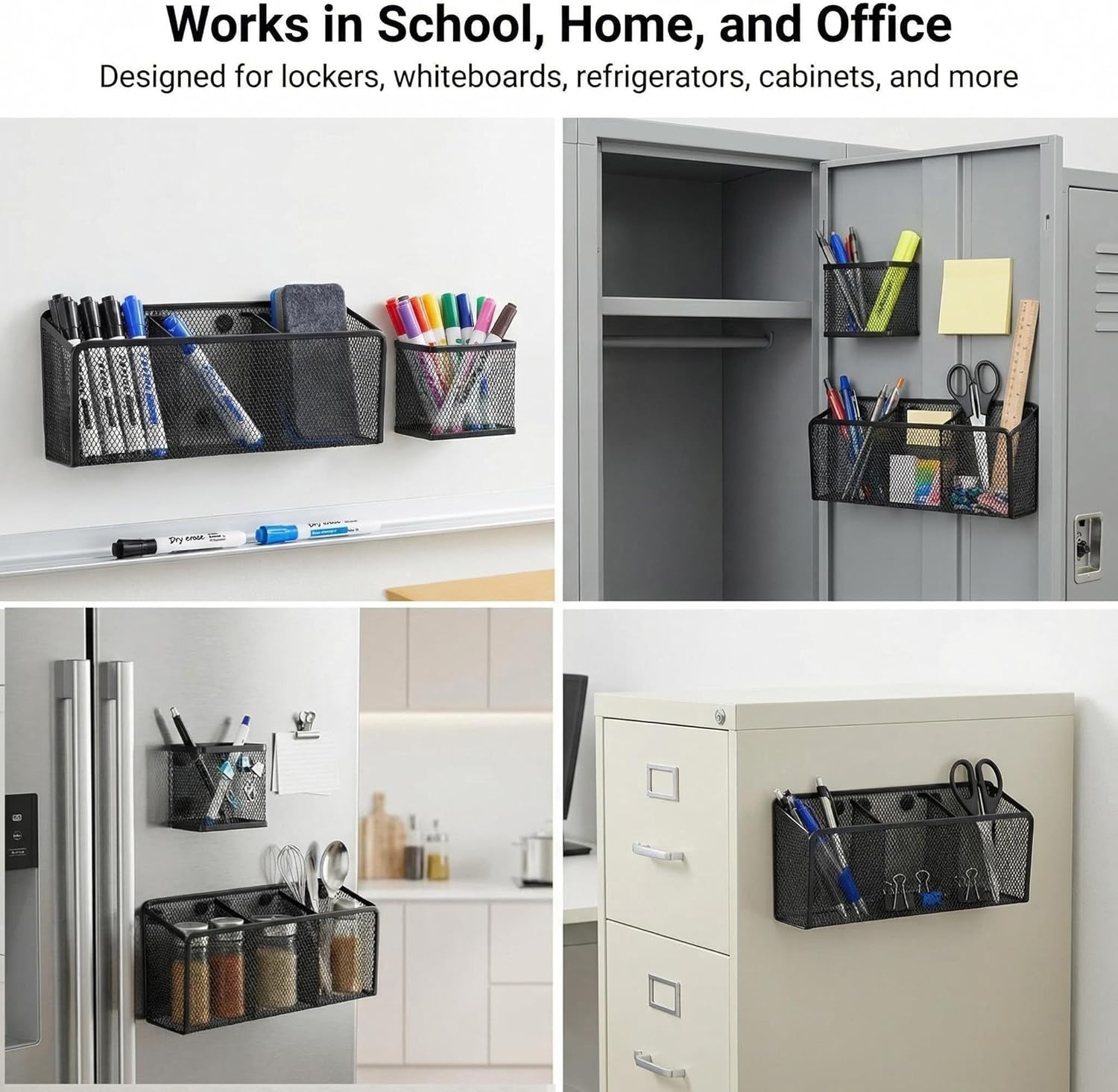 Neudeco Magnetic Pencil Holder, Locker Shelf Organizer, Metal Mesh Storage Basket for Whiteboard, Refrigerator, Marks, Pens, School&Office Supplies,Black (Pack of 4)