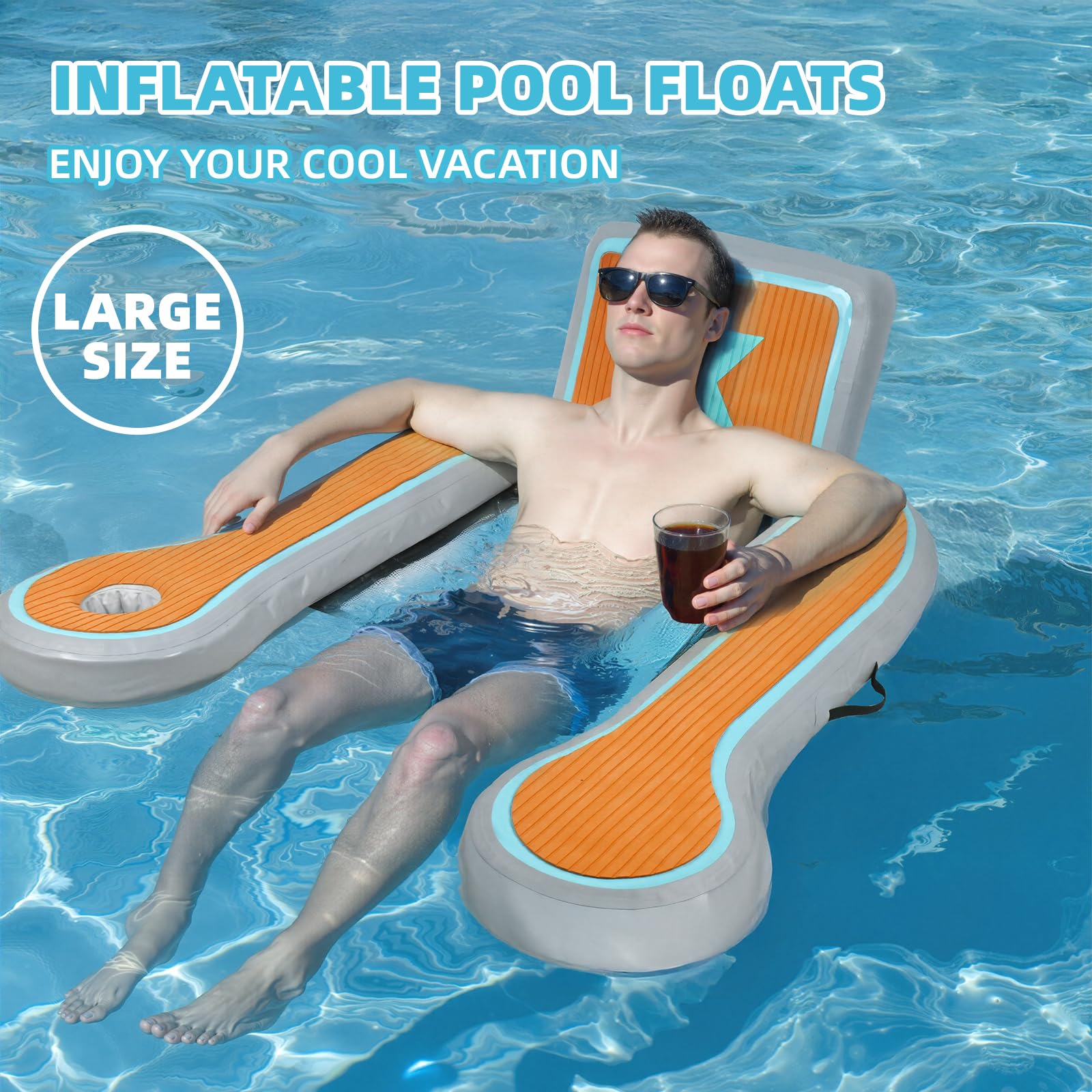 Flotador inflable de piscina de 50 x 44 pulgadas para adultos con soporte para tazas, silla flotante de 4.17 pies, flotadores de lago para adultos con respaldo de reposabrazos para piscina