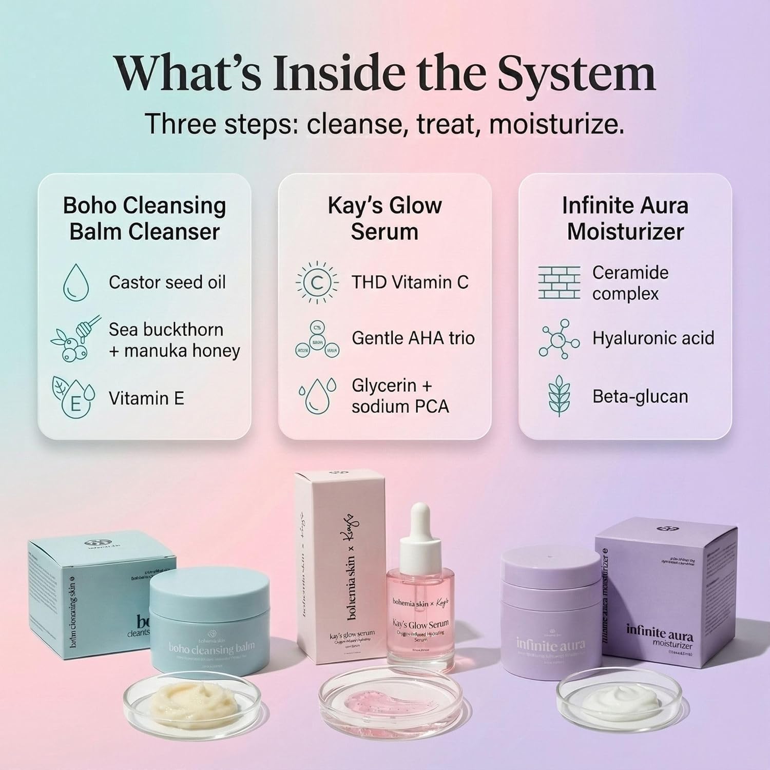 Kay’s Glow Serum + Infinite Aura Moisturizer + Boho Cleansing Balm – Oxygen-Infused THDA Vitamin C with Gentle AHA for Face and neck | Hydrates, Soothes and Brightens Bundle
