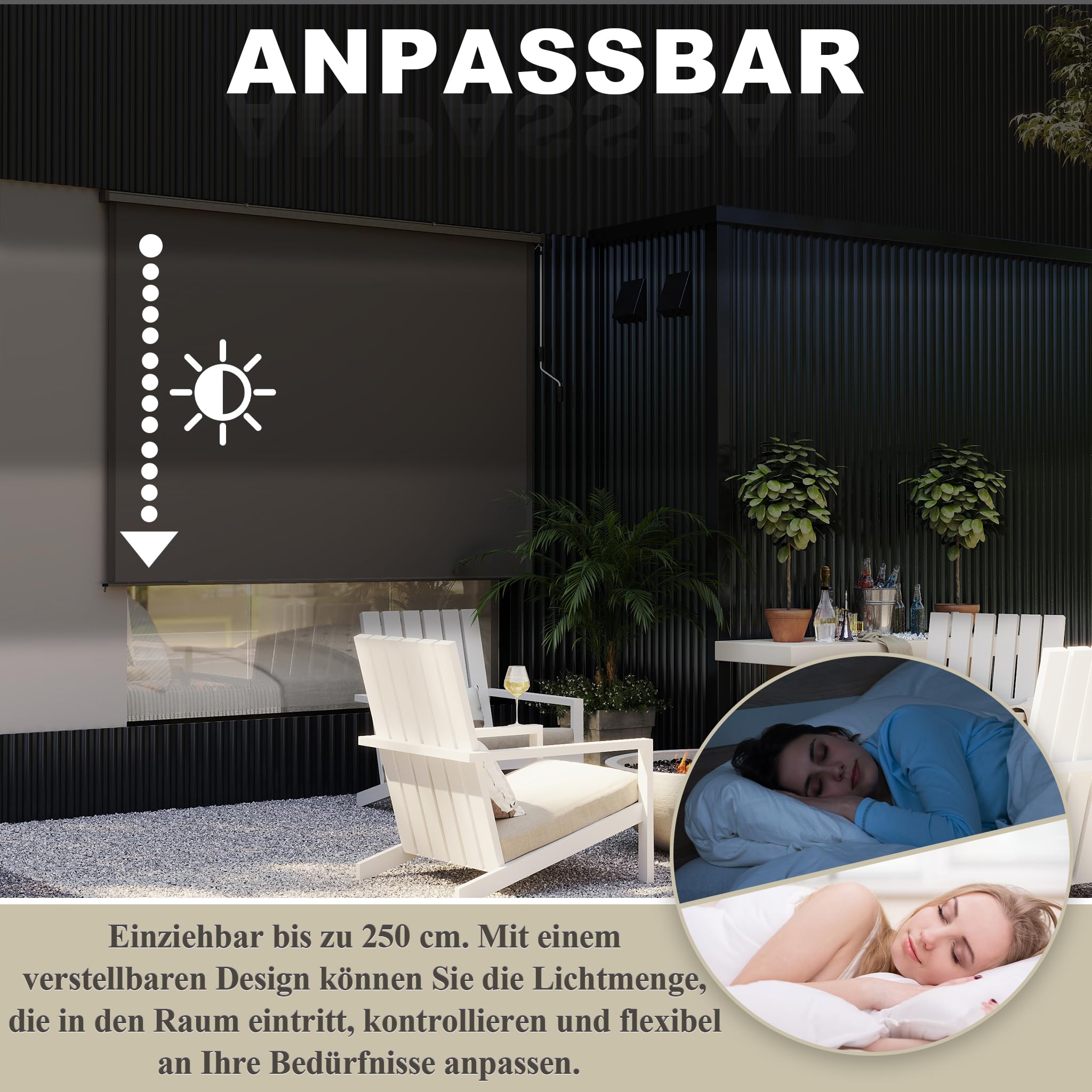HENGMEI Markiza pionowa, balkonowa, aluminiowa, pionowa, zewnętrzna, z mechanizmem korbowym ręcznym, ochrona przed wzrokiem na balkon, taras, ochrona przed słońcem i spojrzeniami, 180 x 250 cm