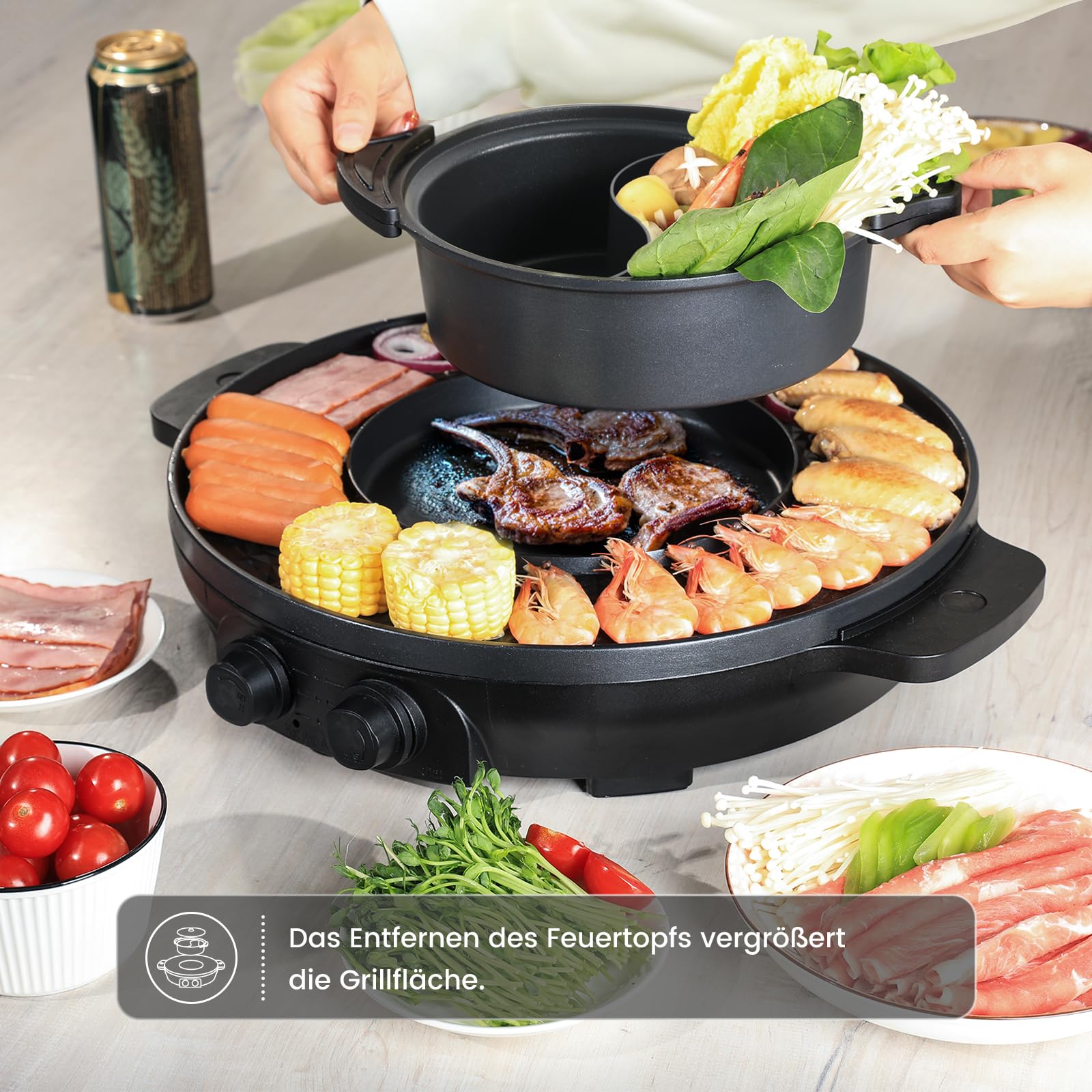 2000W Hot Pot Elektrischer, 2 in 1 Hotpot und Raclette grill, für 8 Personen, Grill Hot Pot, gleichmäßige Erhitzung mit unabhängiger Temperaturregelung, leicht zu reinigen
