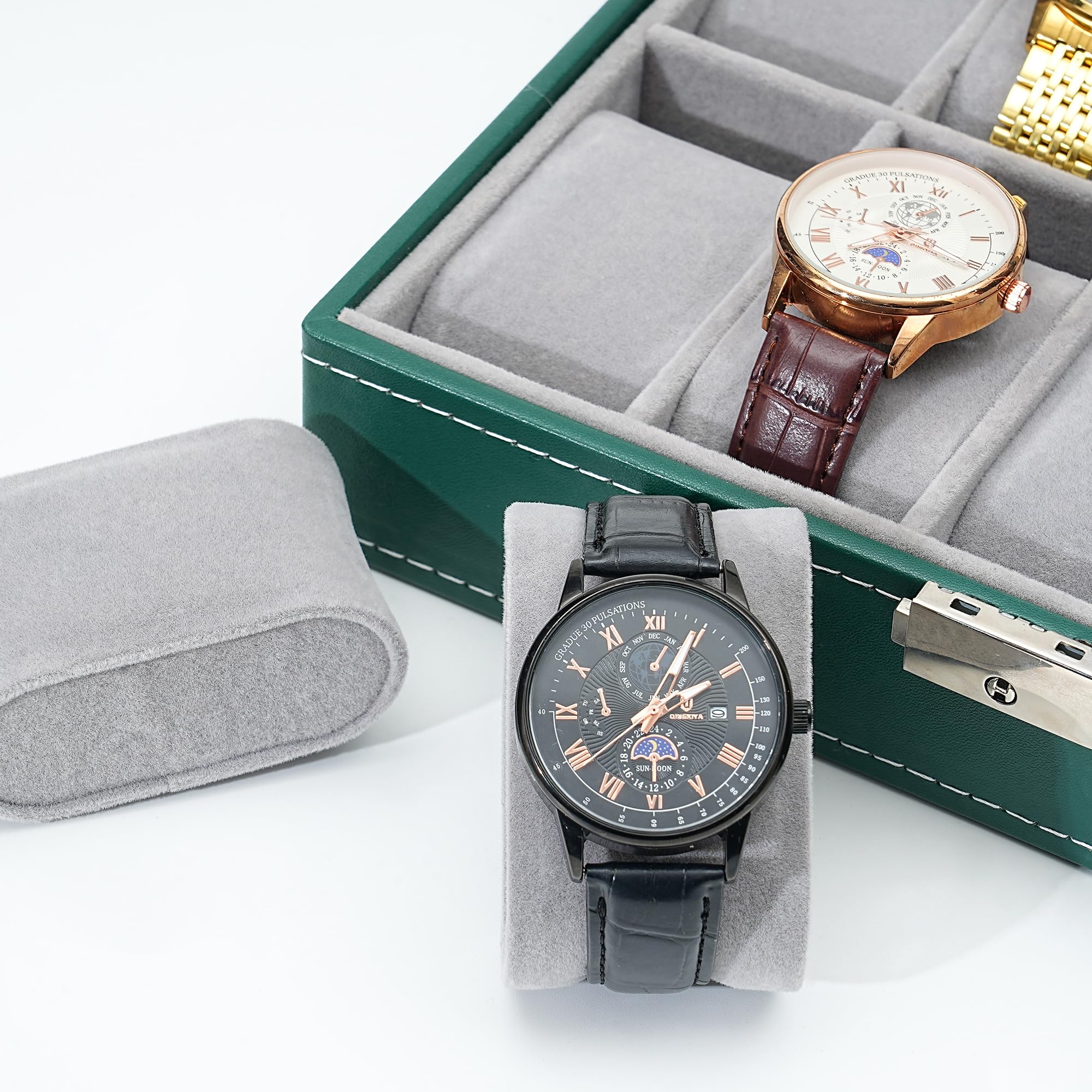 TRIXES Scatola per orologi in ecopelle verde con 10 scomparti – organizer per orologi con finestra in vetro – scatola con cuscini rimovibili