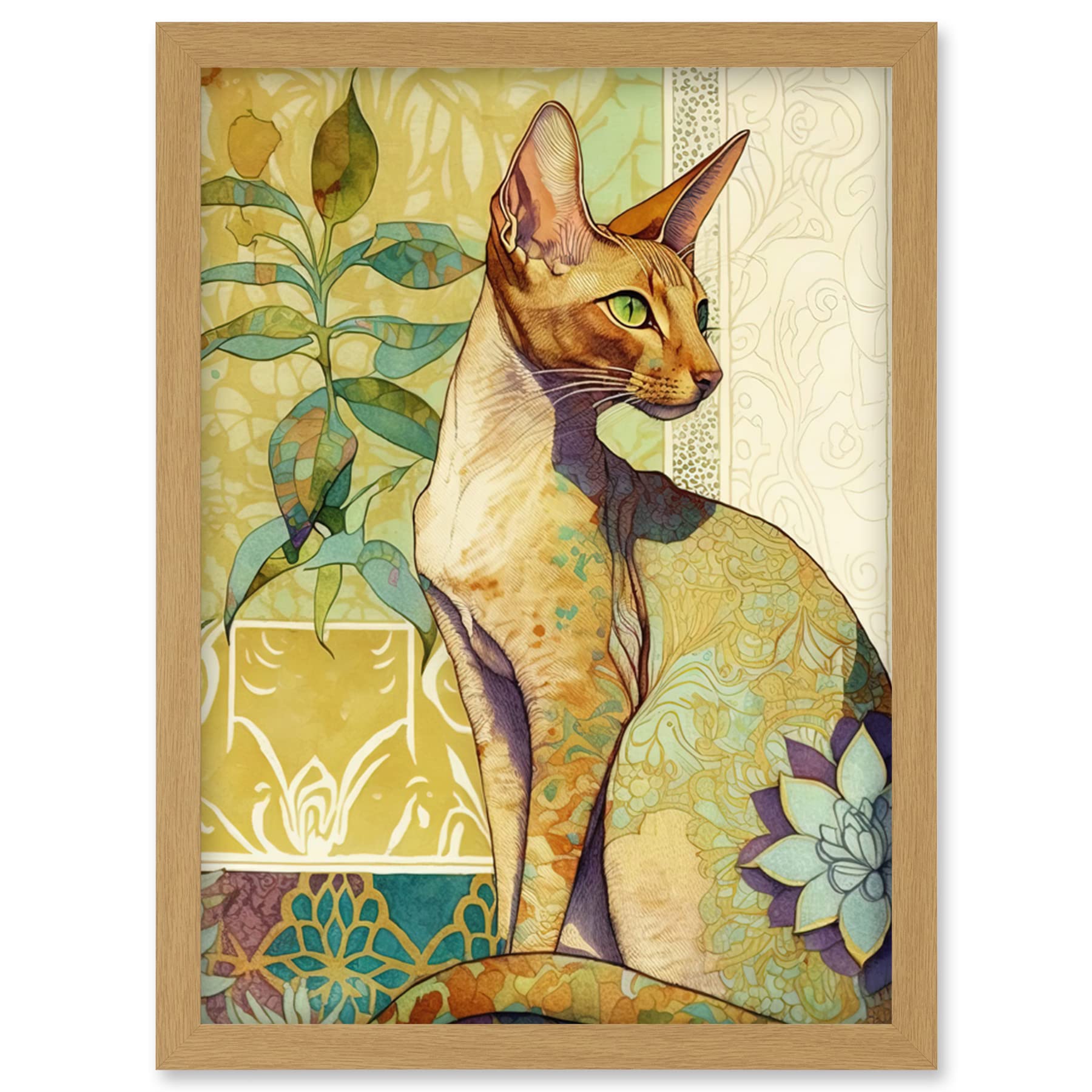 Artery8 Oriental Shorthair Cat with Art Nouveau Botanical Patterns Colourful Watercolour Illustration Artwork Framed Wall Art Print A4