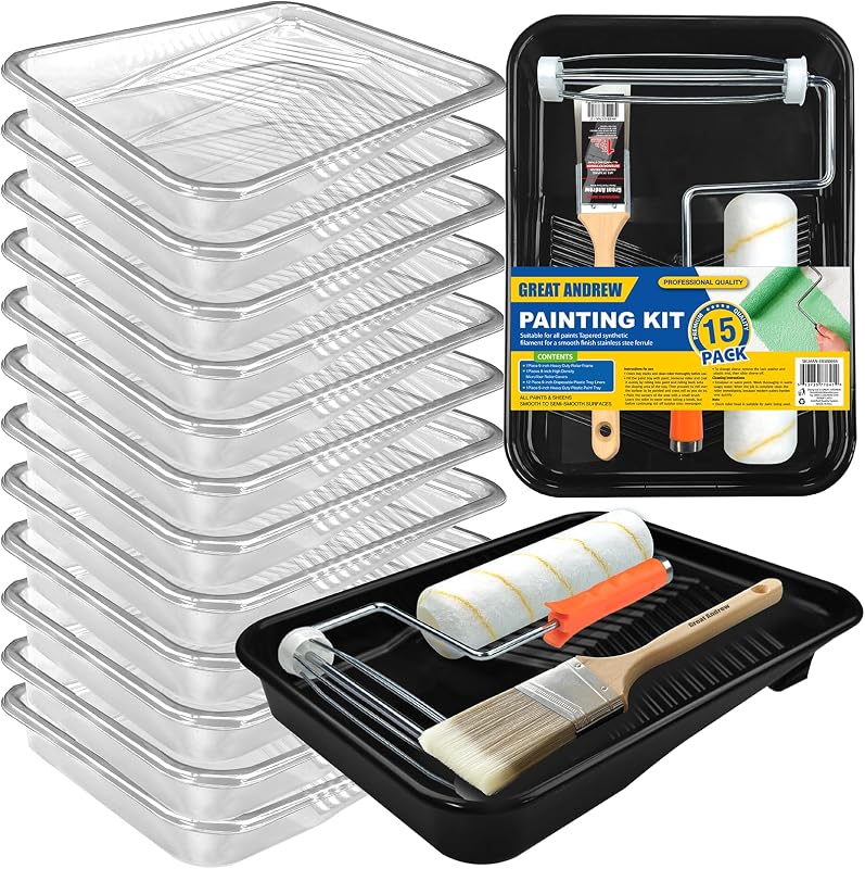 Great Andrew 15 Pcs Paint Tray Set, 9 Inch Plastic Paint Tray with Liners | Textured Tray Liners, Paint Brush, Paint Roller and Wire Roller Frame for Painting Walls, Ceilings, Trim, Siding