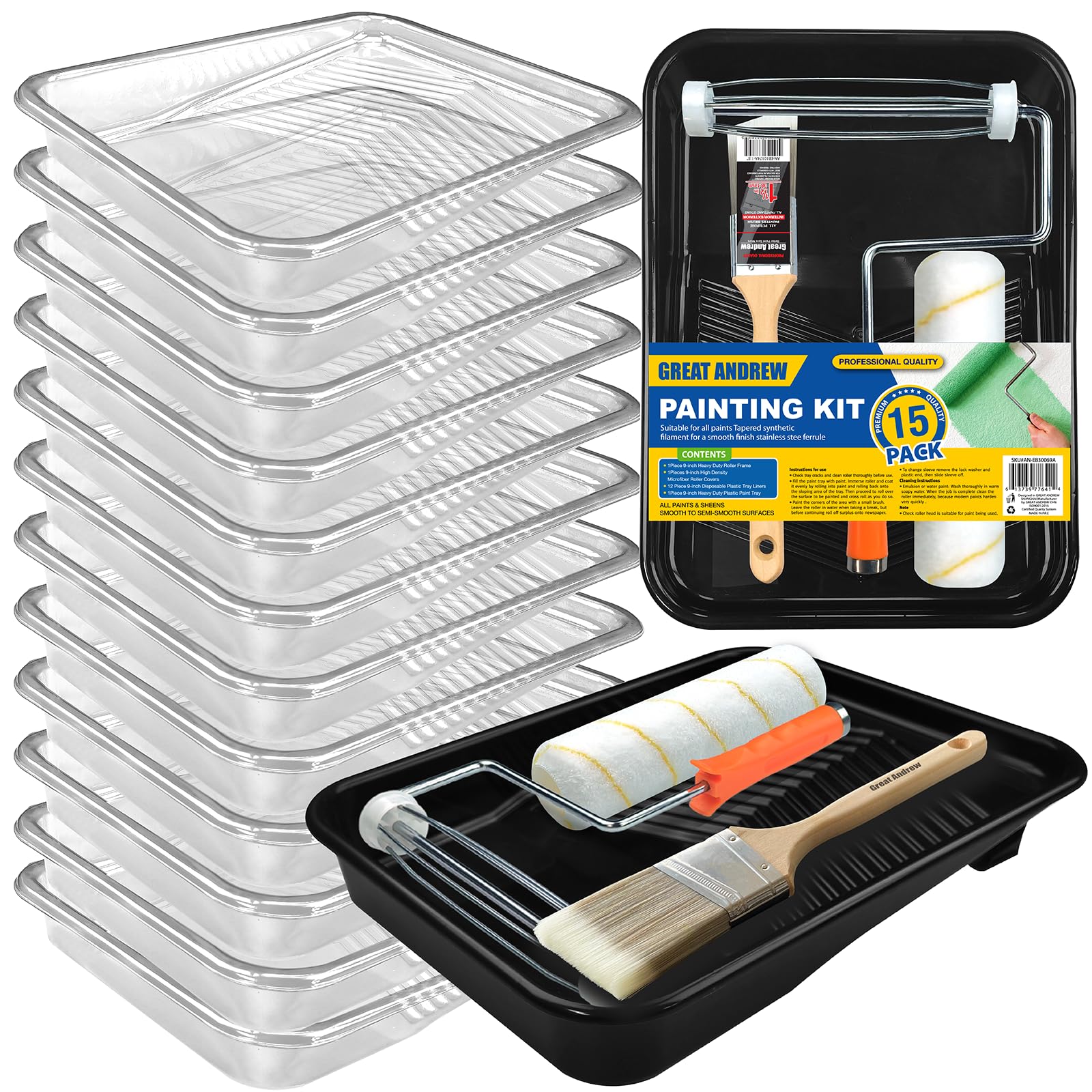 Great Andrew 15 Pcs Paint Tray Set, 9 Inch Plastic Paint Tray with Liners