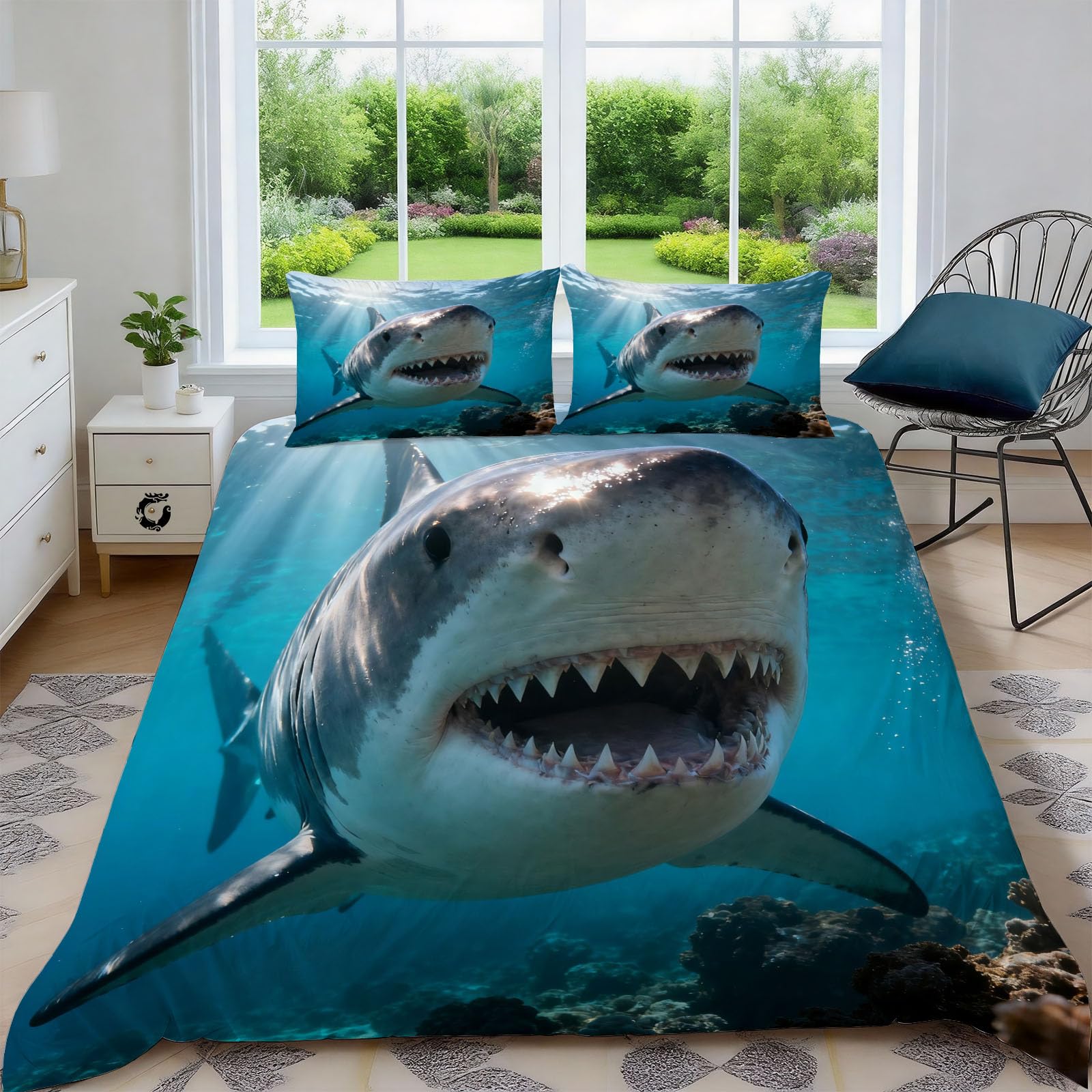 Generisch Bettwäsche 220x240 Meer Hai Drucken 3D Meereslebewesen Microfaser Bettwäsche Set Bettbezug 3 Teilig mit 2 Kissenbezug 80x80 cm