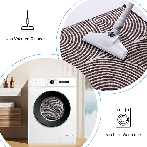 Miniatura 4 de Rmaytiked Alfombra de pasillo tejida de algodón lavable a máquina, alfombra de pasillo suave estilo bohemio marrón y blanco, 2 x 6 pies