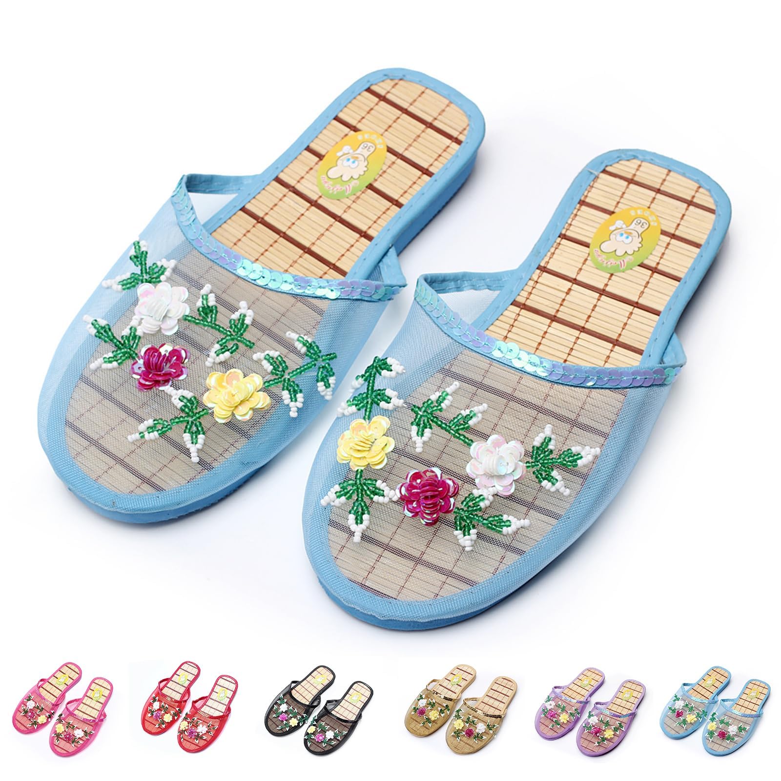 Chinese Slippers for Women, Mesh Bamboo Flats Floral Slippers, Breathable Home Comfort Chinese Style Sandal Womens