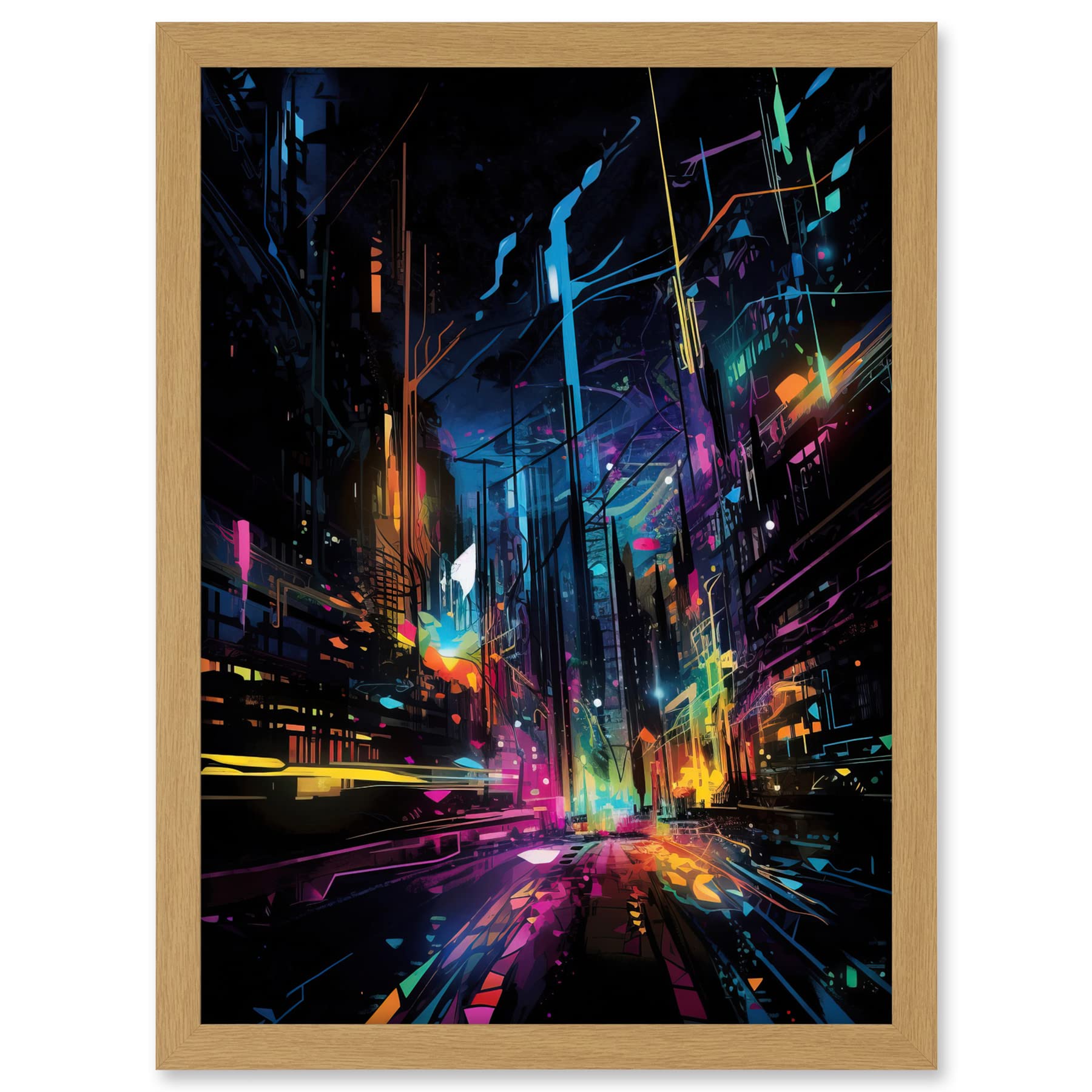 Artery8 New York City at Night Modern Abstract Neon Contrast Painting Artwork Framed A3 Wall Art Print