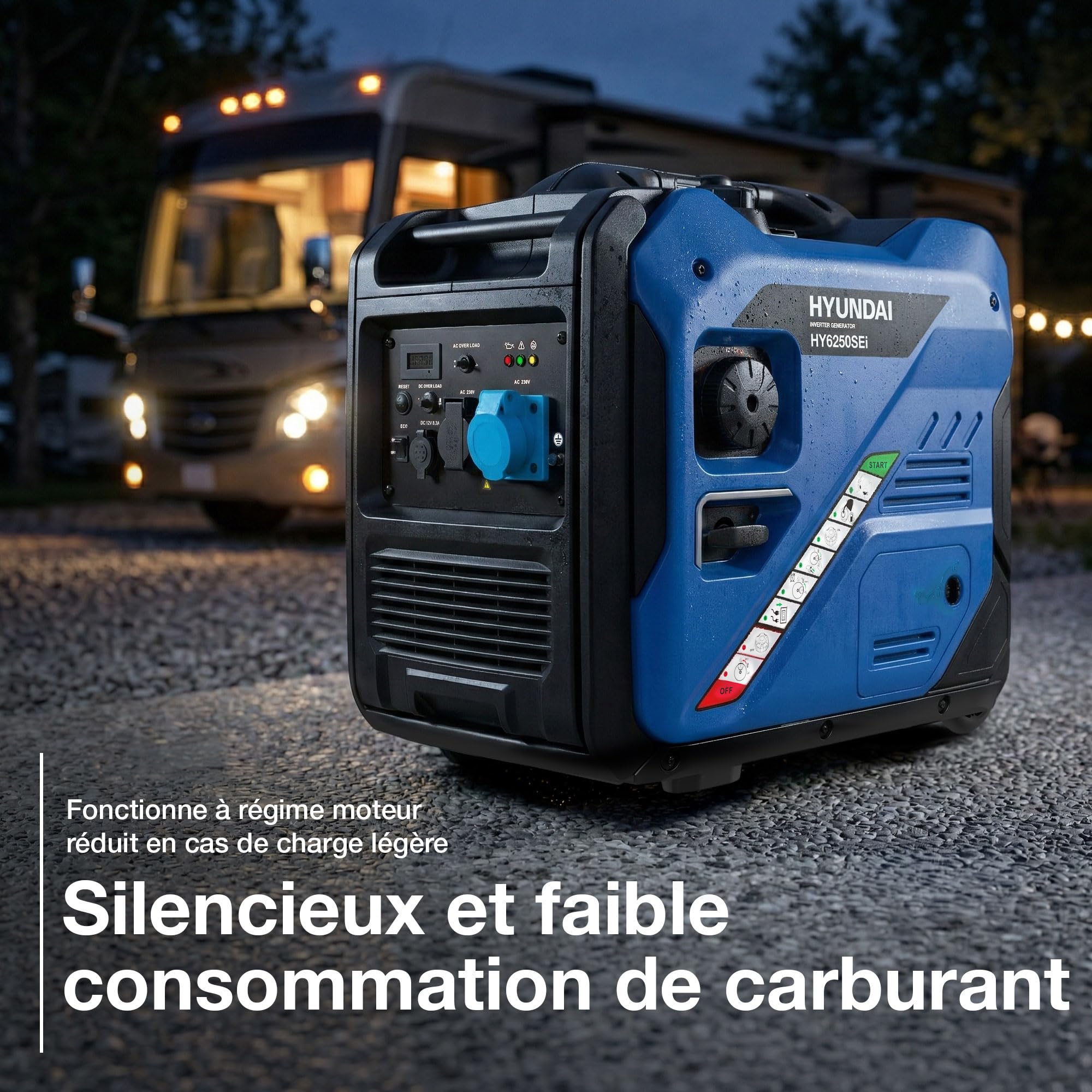 Hyundai Groupe Électrogène Inverter 5500 W / 5 kW Continu, Démarrage Électrique, Essence, Onde Sinusoïdale Pure, Réservoir 11 L, Garantie 3 Ans - HY6250SEi-EU