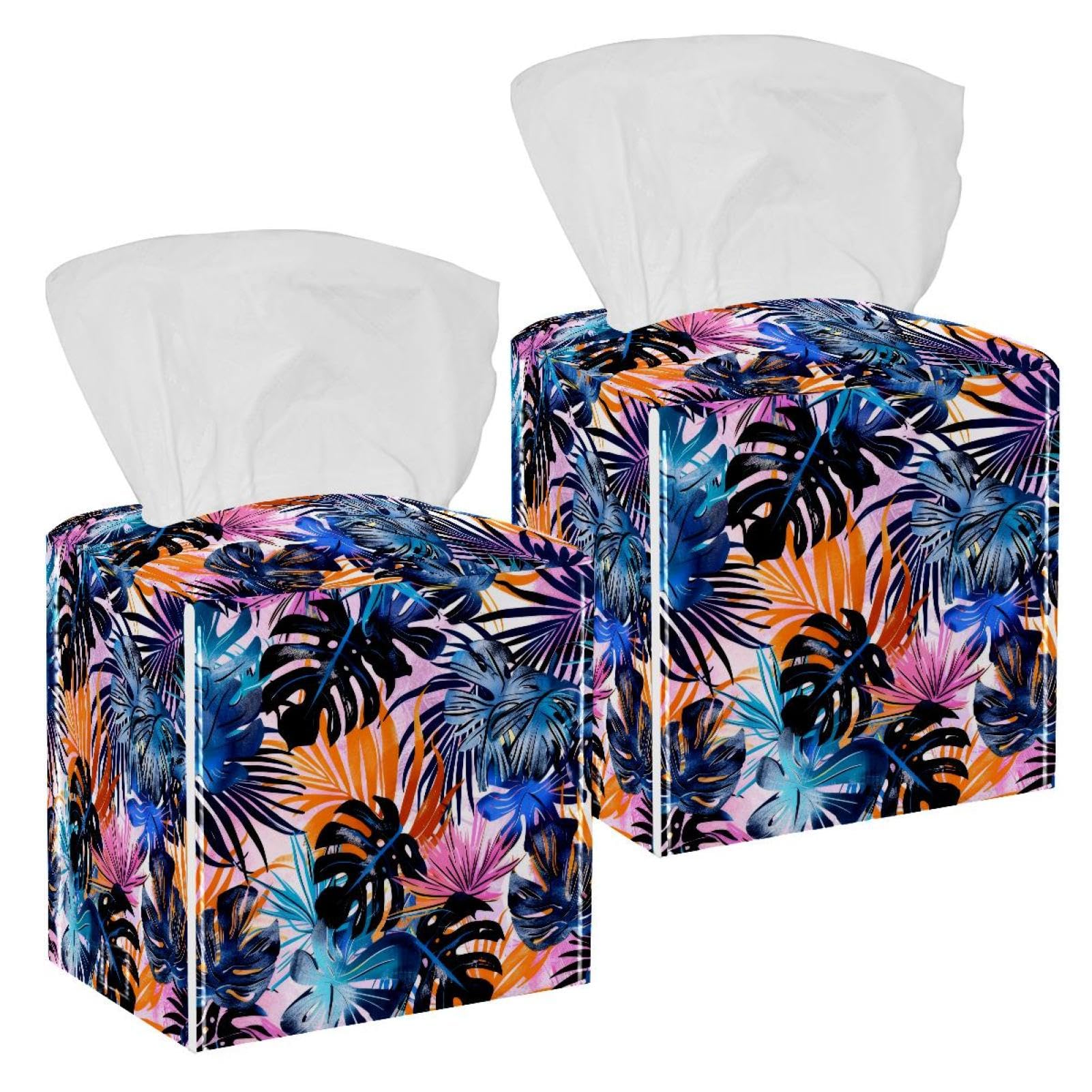 Artistic Leaves Tissue Box Cover, 2 Pack PU Leather Square Facial Tissue Dispenser Box holder for Home Office Car