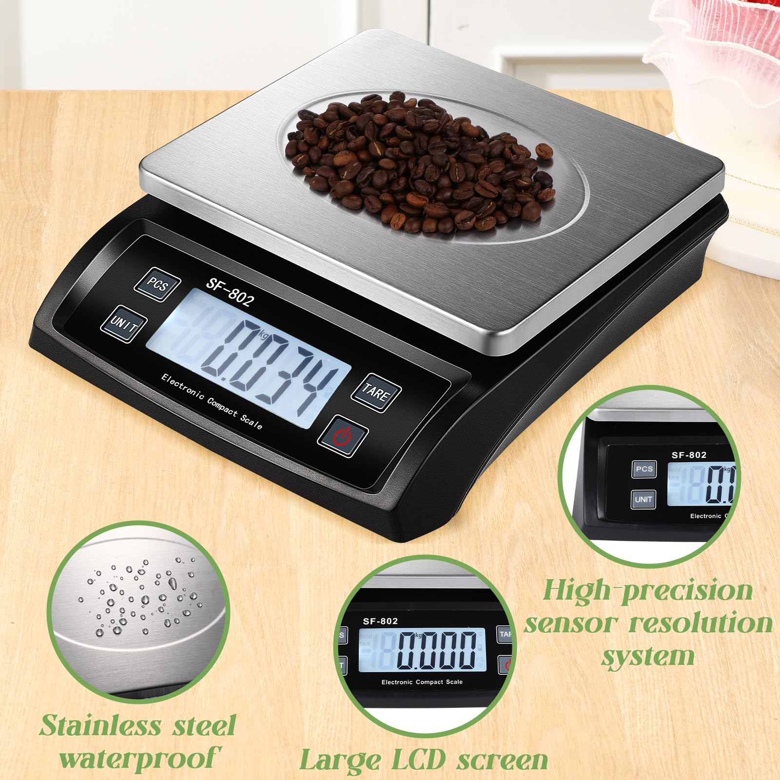 Copkim Báscula digital grande de cocina de 66 libras, 30 kg, báscula comercial de alimentos de acero inoxidable con pantalla LCD, dispositivos de pesaje comerciales para hornear y cocinar (negro)