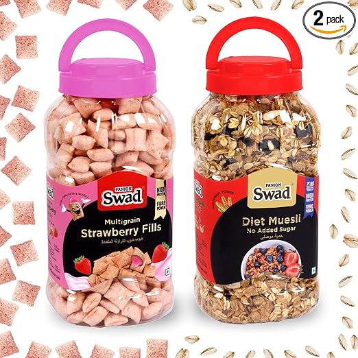 Swad Strawberry Fills & Diet Muesli,No Sugar (Wholegrain Chocolate Breakfast Cereal Kids) 2 Jars, 1070 g