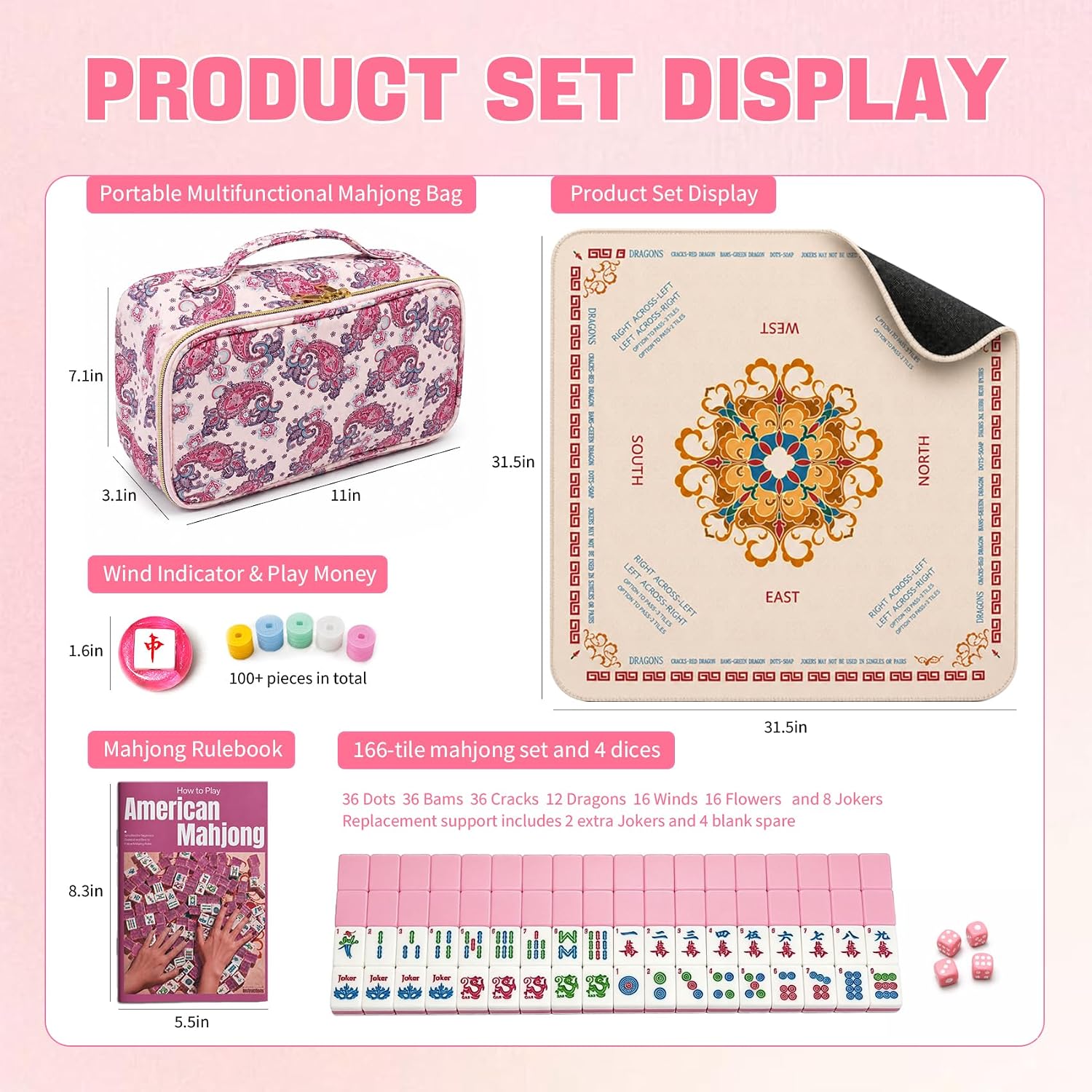 HAYI American Mahjong Set with Bag Dices and Mat (Pink) | 166 Tiles (1.2”), Cute Mini Tiles, Portable Travel Complete Game Set with Other Mahjong Accessories